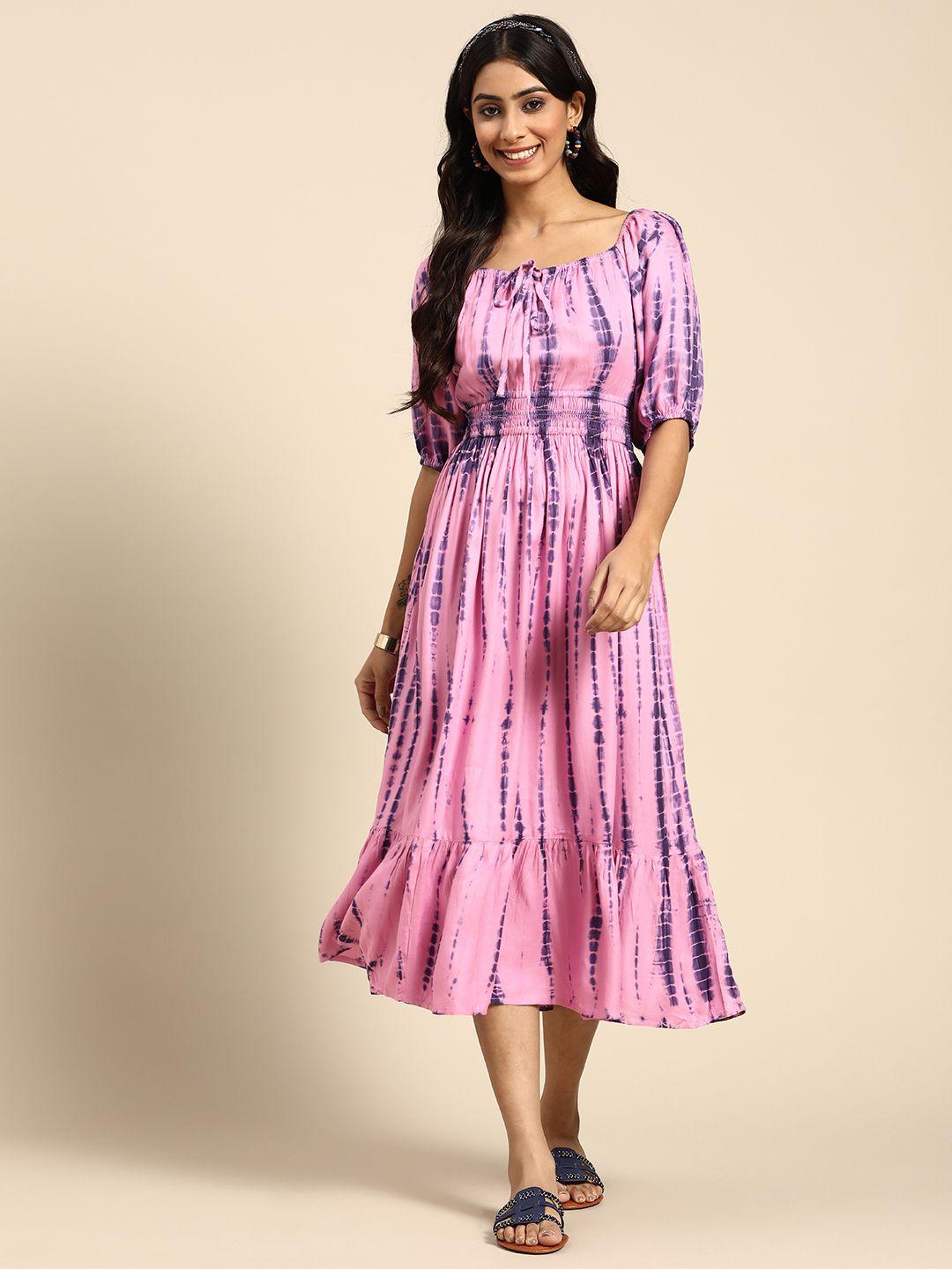 sangria pink & purple tie-up neck a-line midi dress