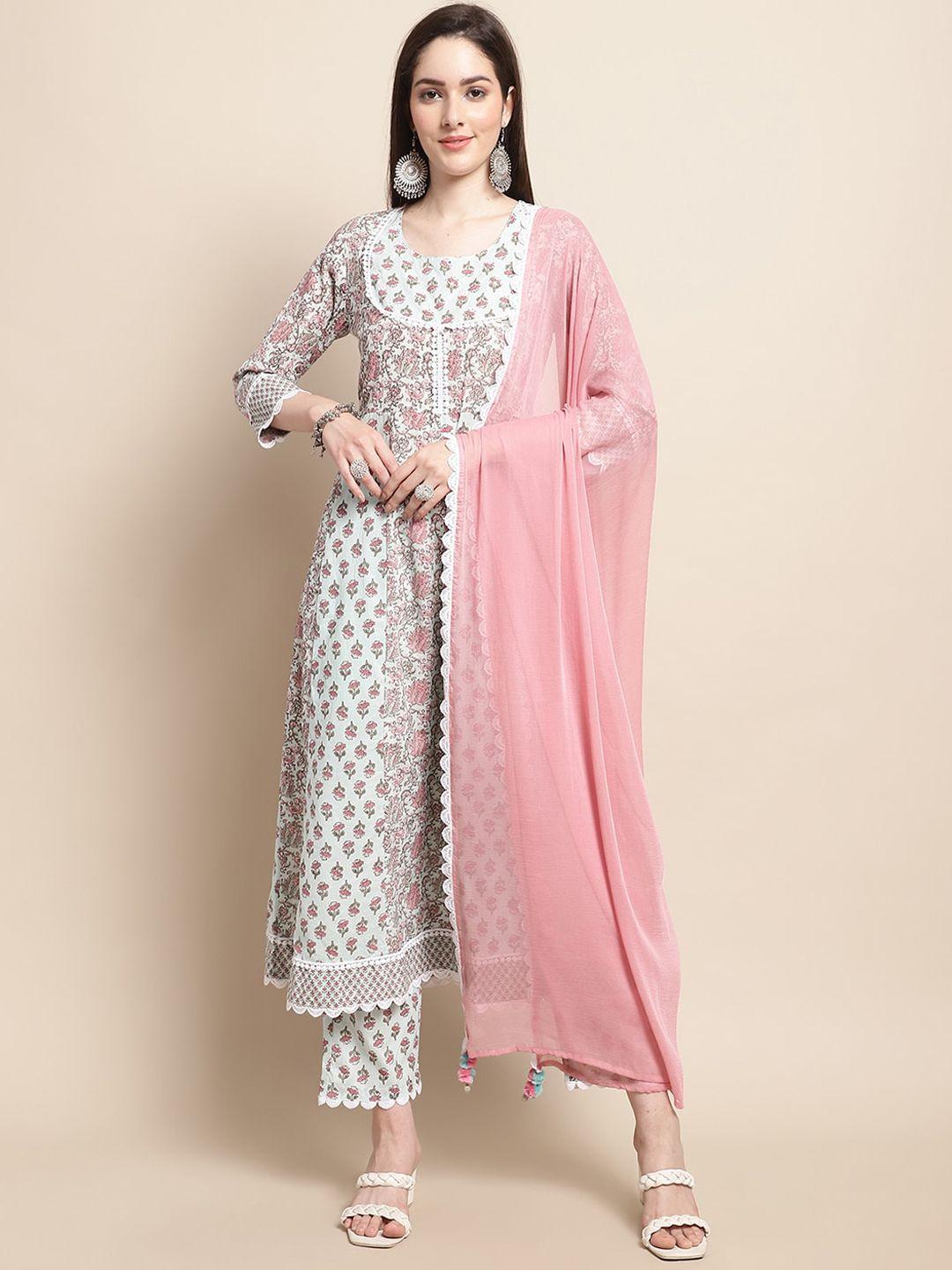 sangria pink & white ethnic motifs printed cotton anarkali kurta with trouser & dupatta