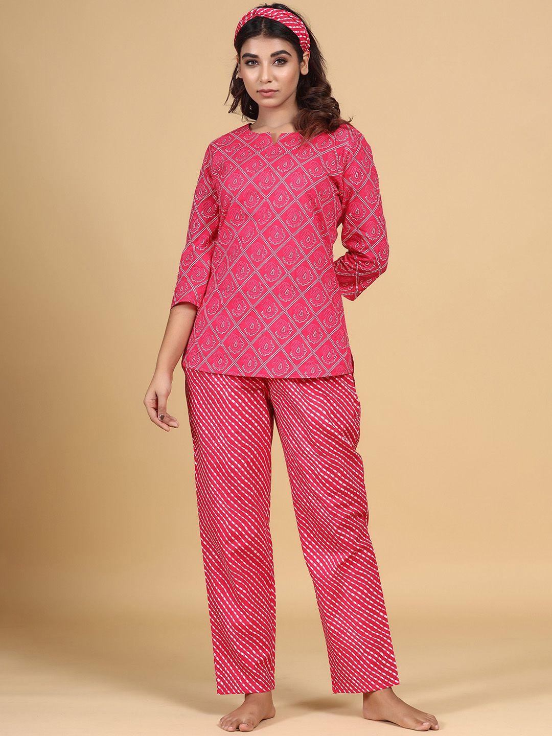sangria pink & white ethnic motifs printed pure cotton top with trouser
