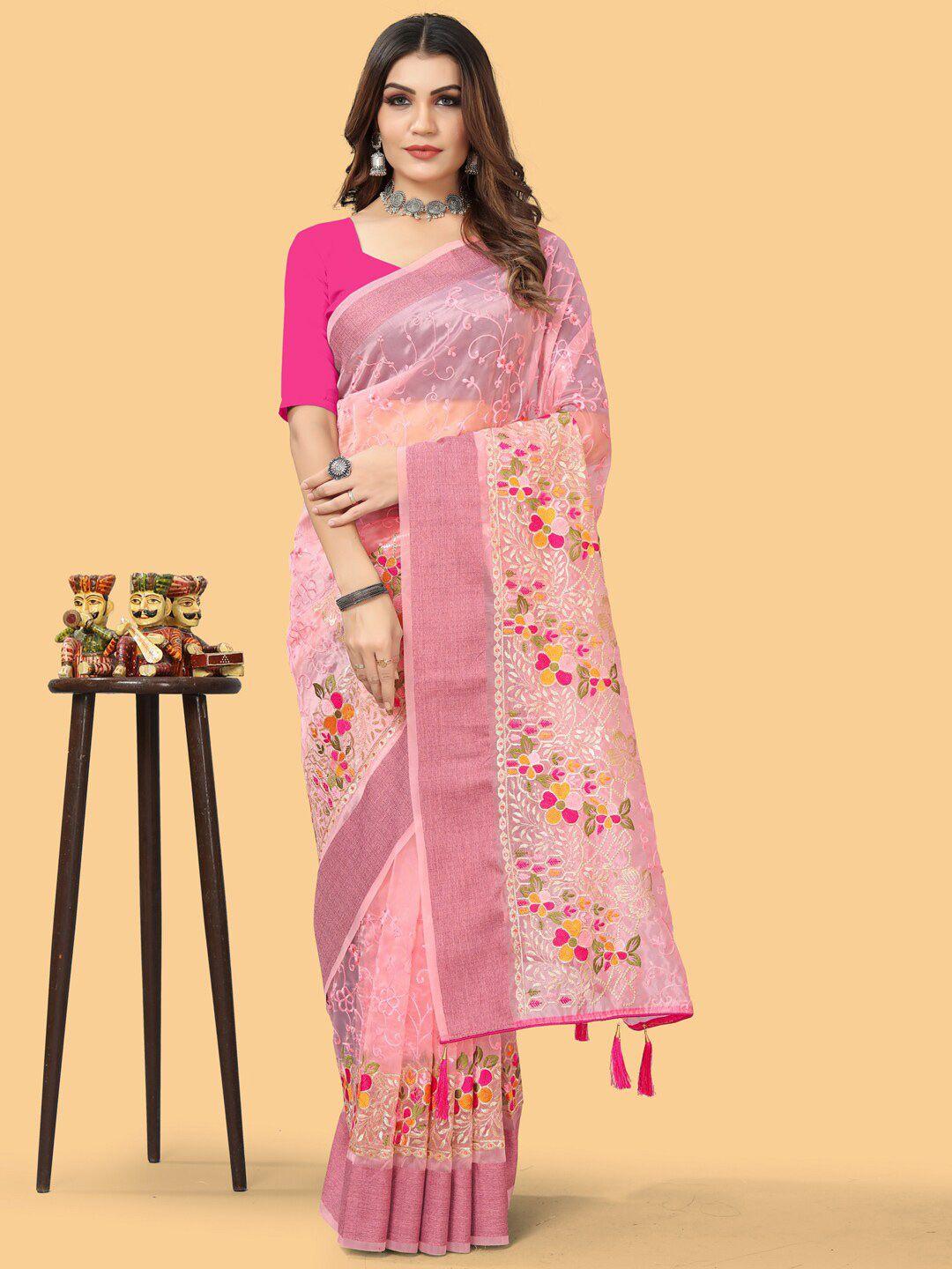 sangria pink & white floral embroidered zari organza bagh sarees