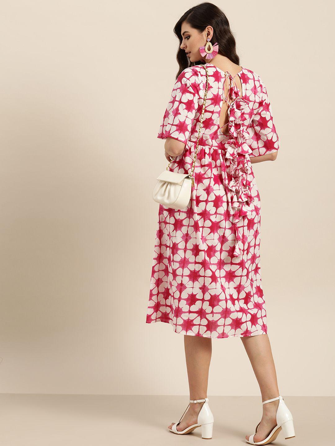 sangria pink & white floral printed cotton a-line dress