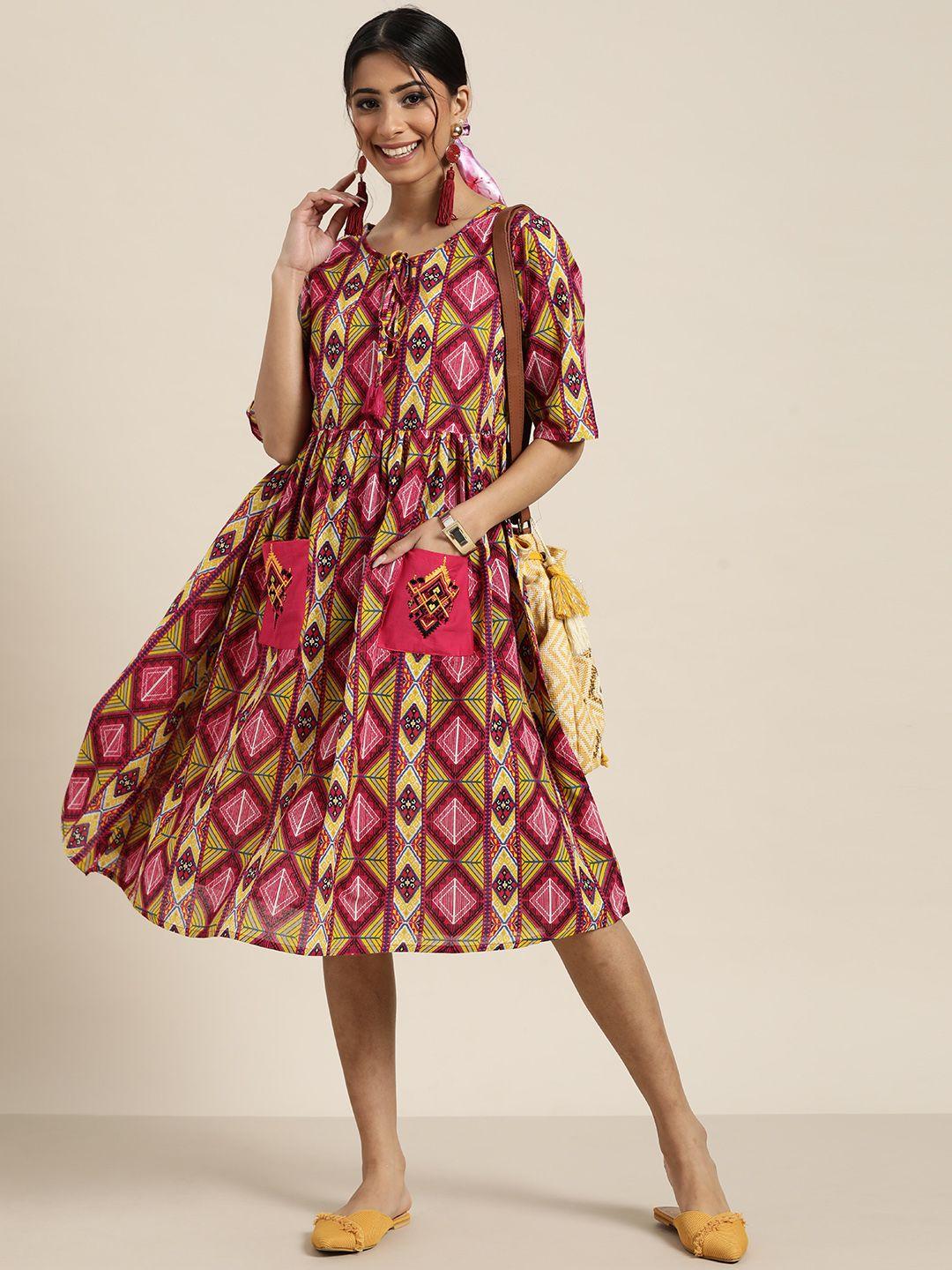 sangria pink & yellow tie-up neck ethnic a-line midi dress