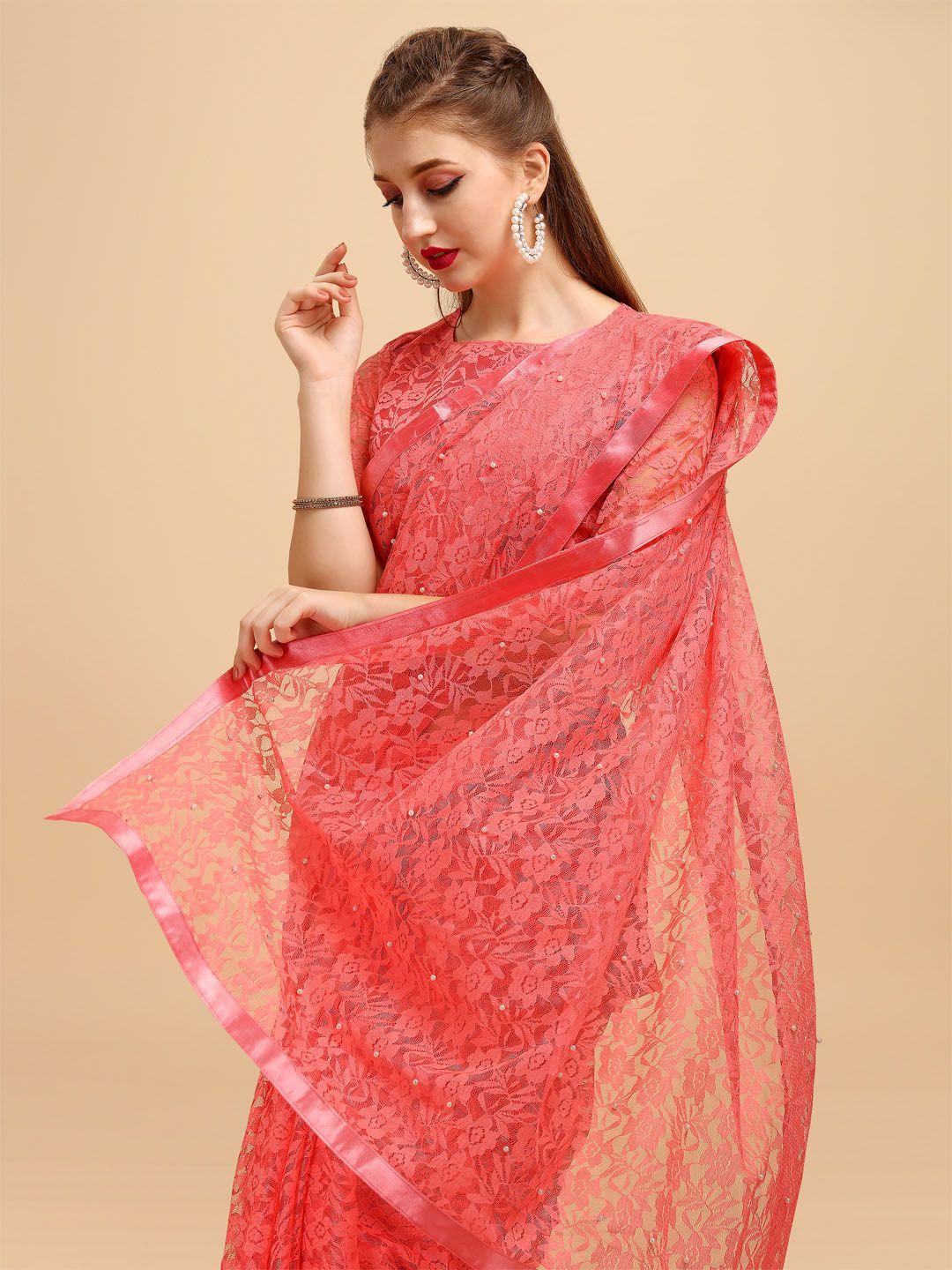 sangria pink embellished beads and stones lace saree