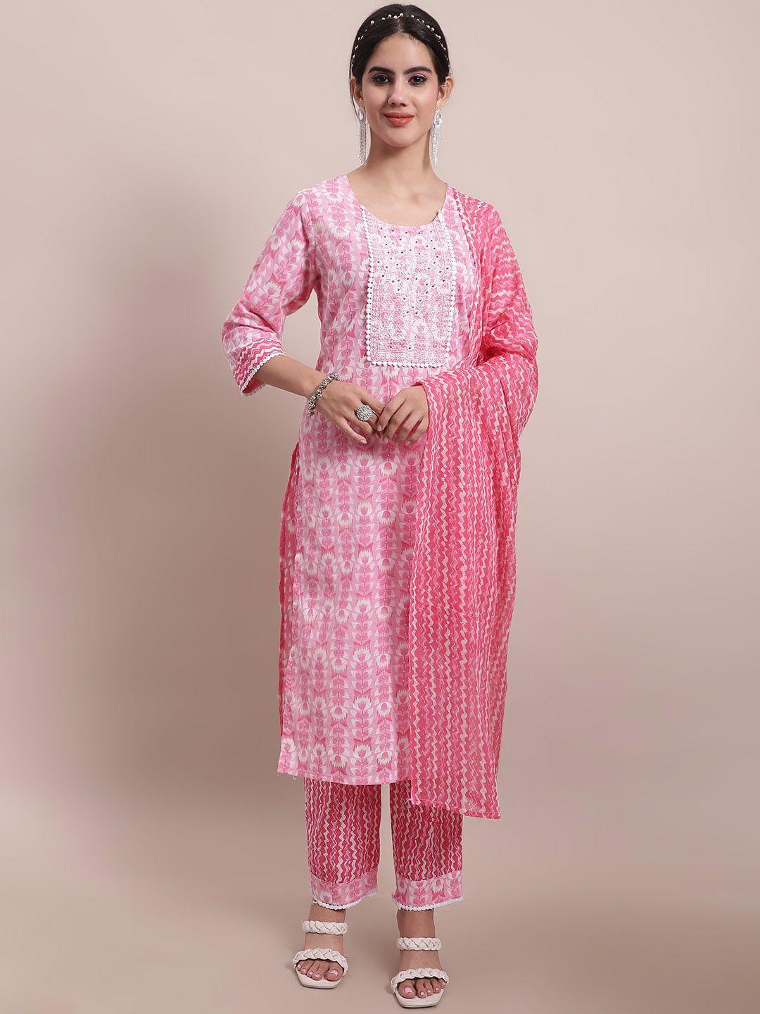 sangria pink embroidered pure-cotton a-line kurta with trouser & dupatta