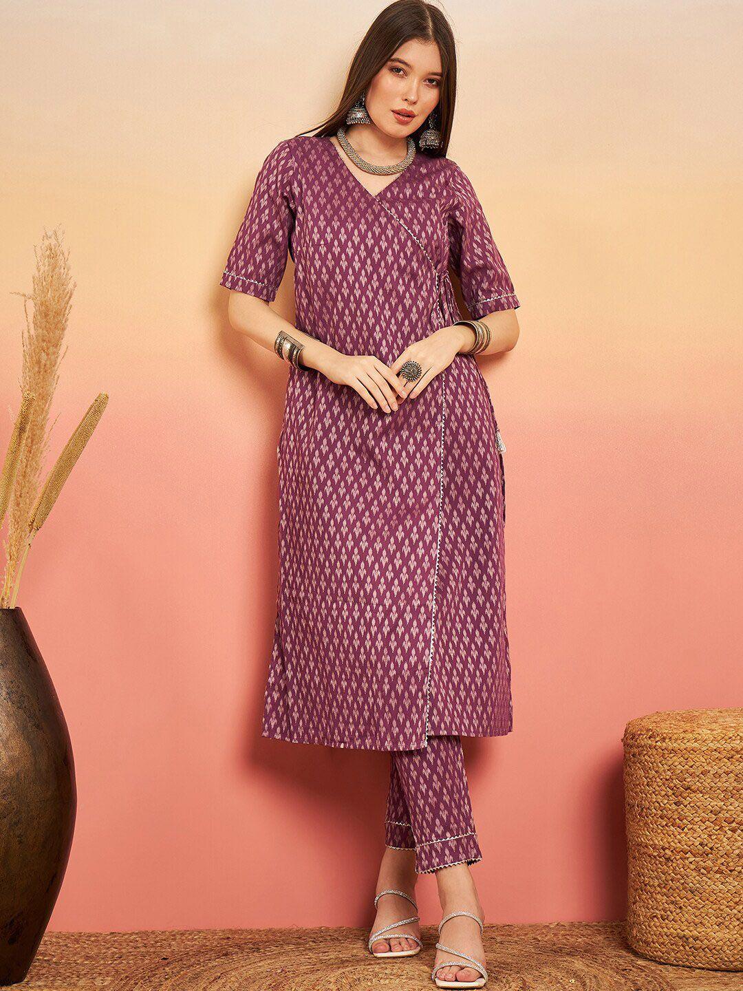 sangria pink ethnic motifs printed jacquard angrakha kurta with trouser