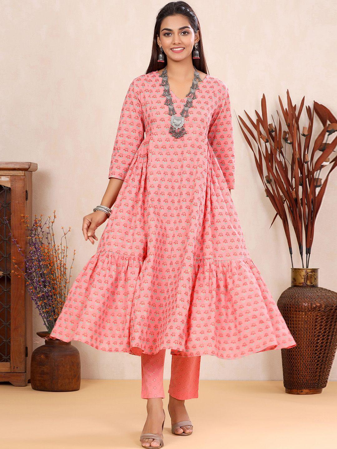 sangria pink ethnic motifs printed pure cotton a-line kurta set