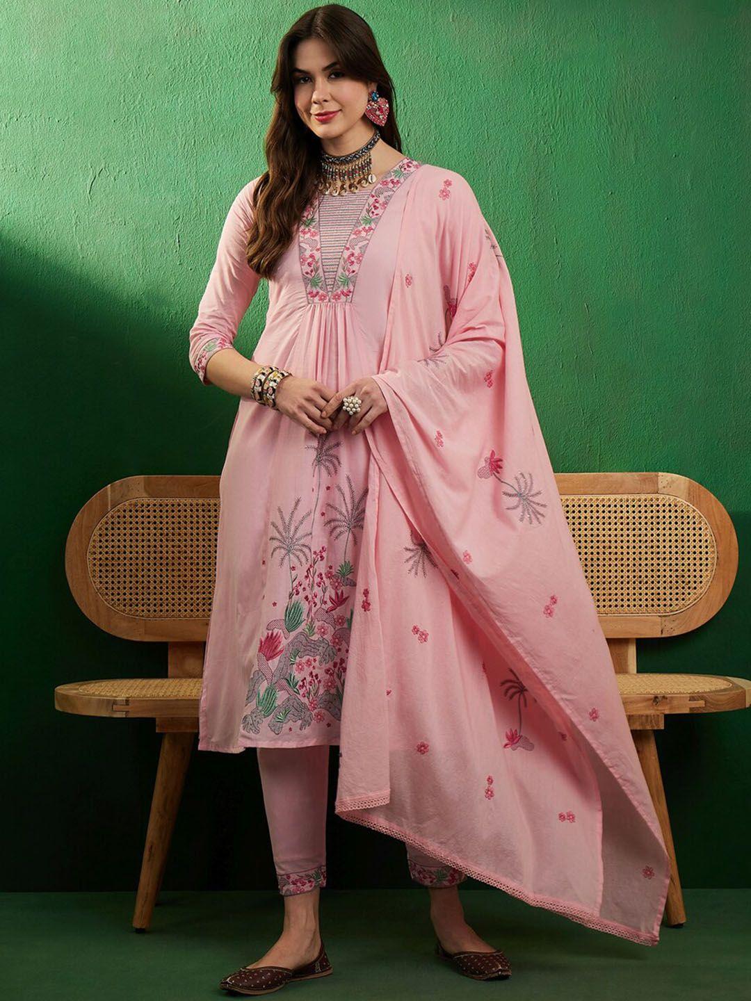 sangria pink floral embroidered pure cotton pleated a-line kurta with trousers & dupatta