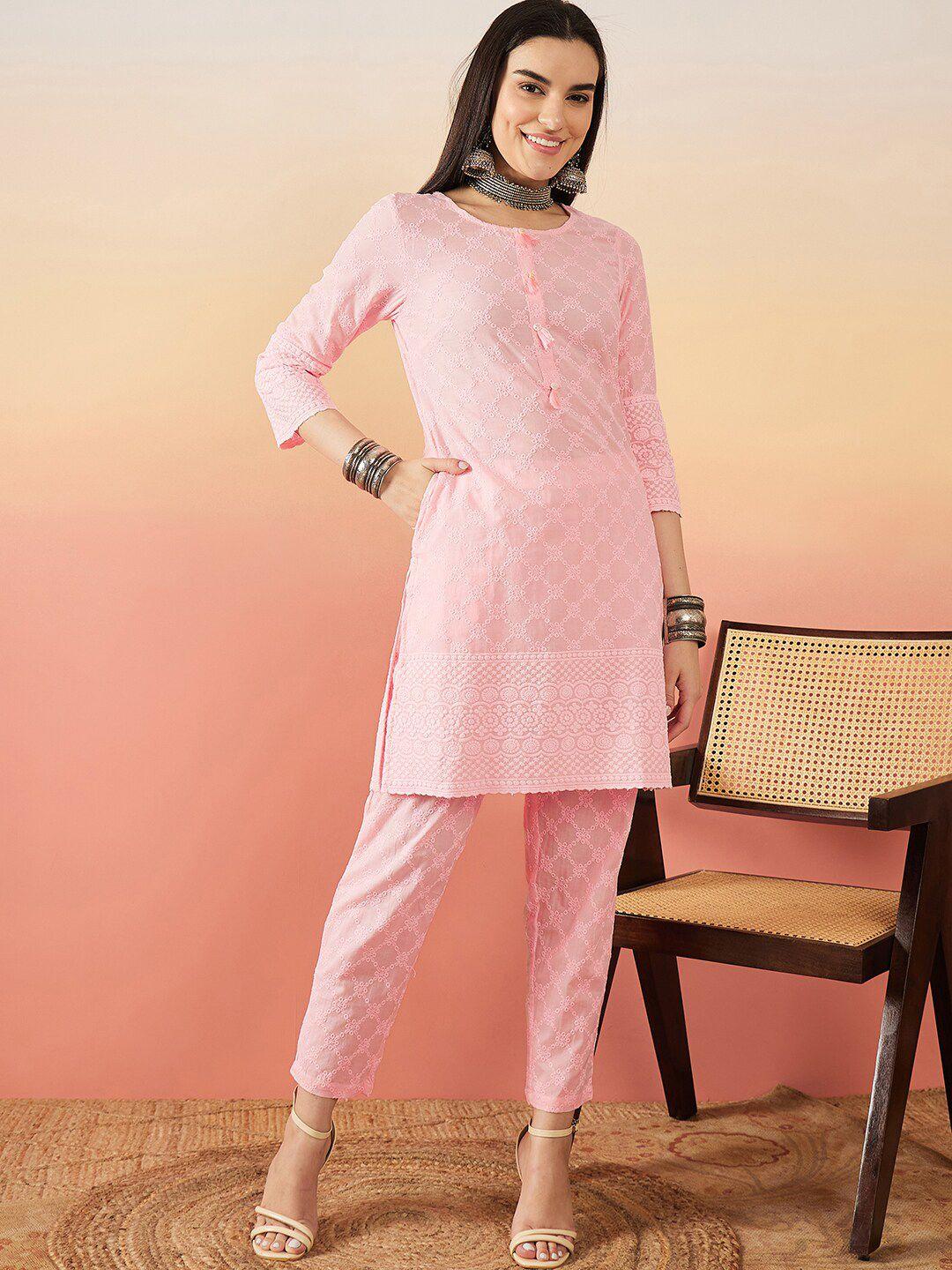 sangria pink floral embroidered pure cotton straight kurta with trousers