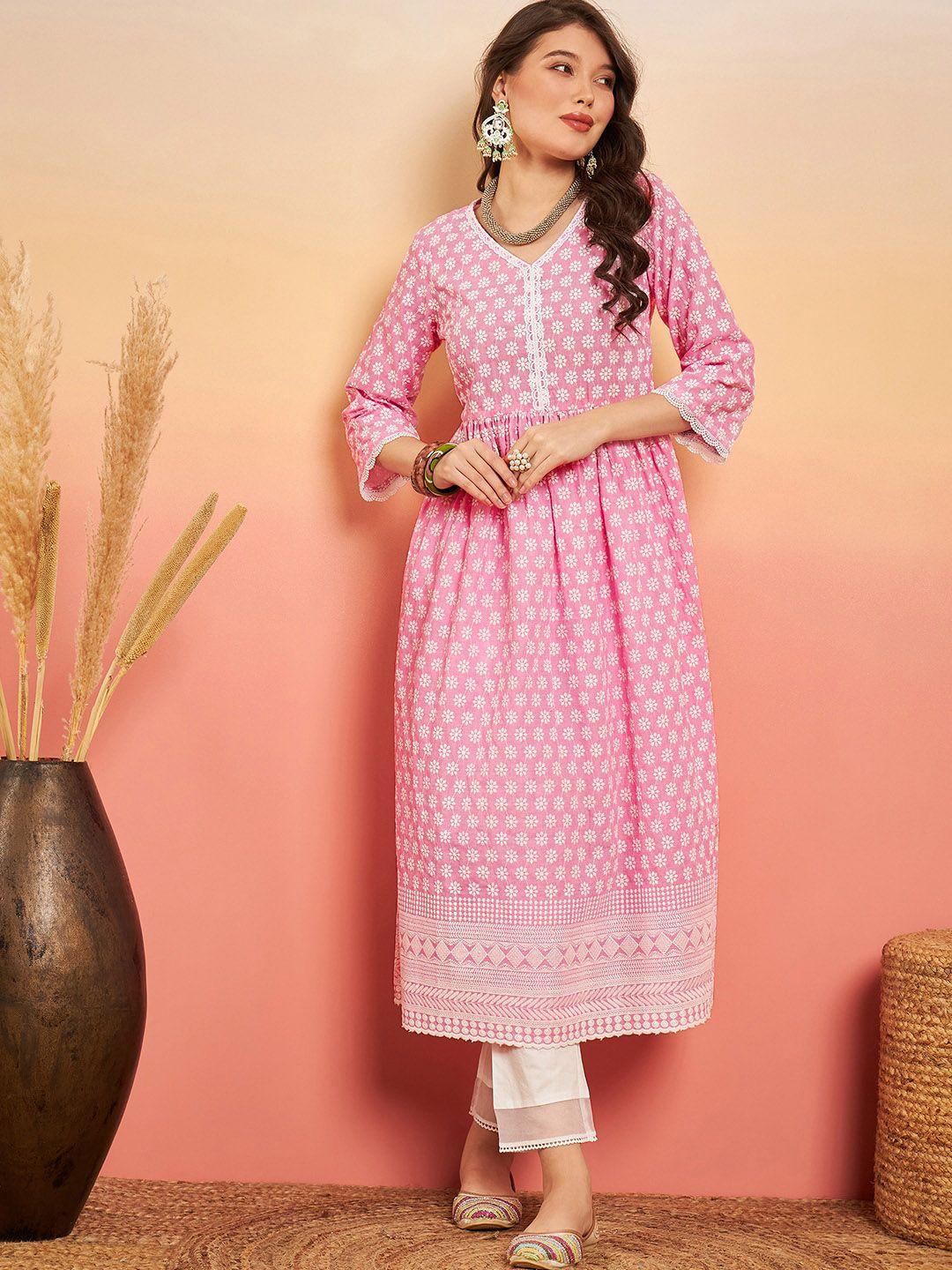 sangria pink floral embroidered v-neck cotton pleated a-line kurta