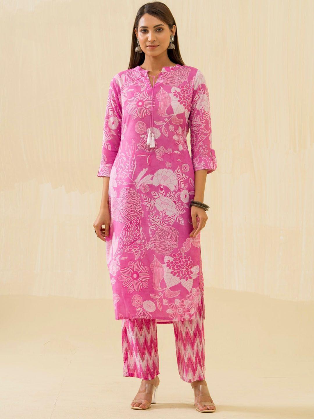 sangria pink floral printed straight kurta with trouser