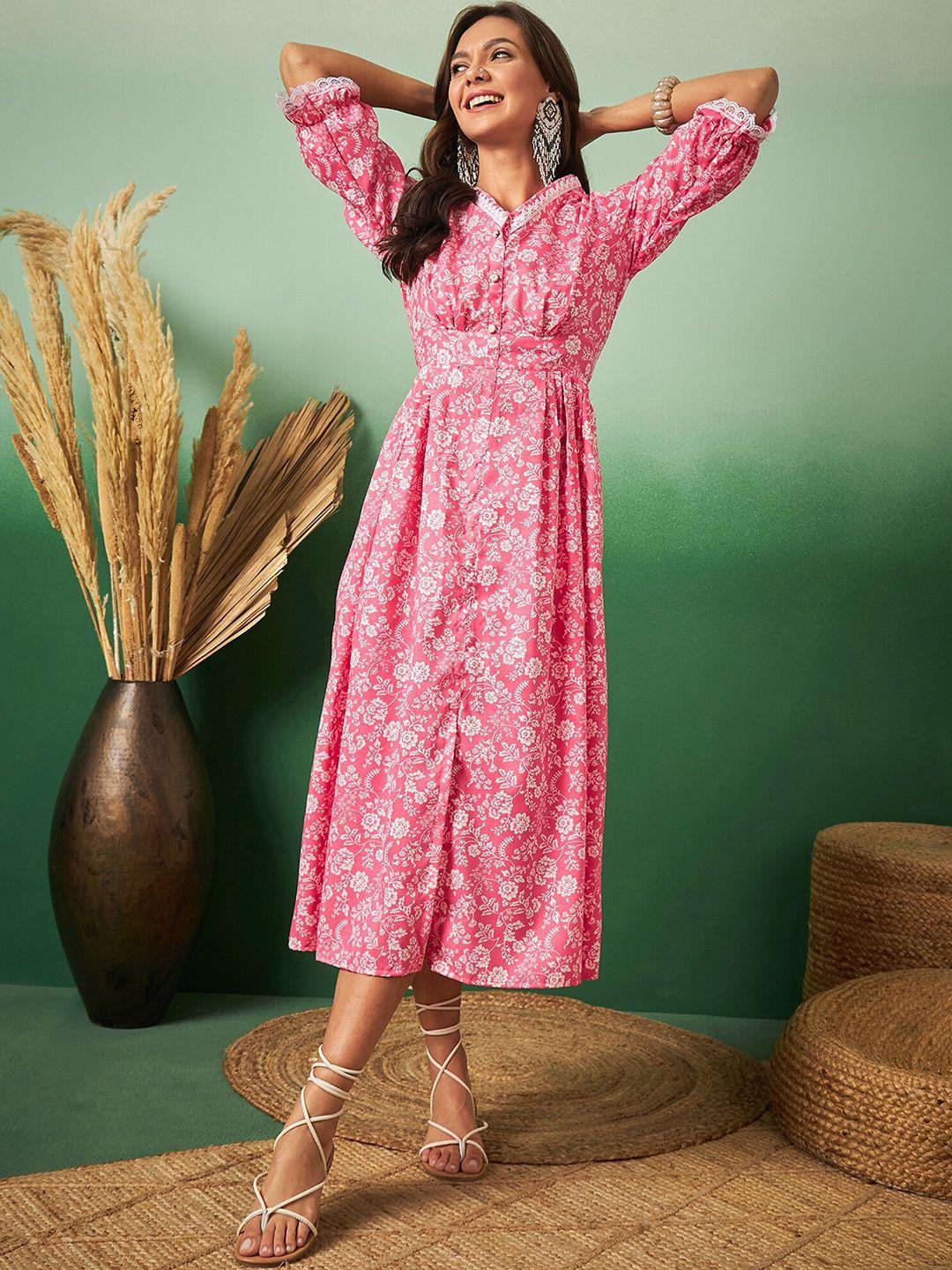 sangria pink floral printed v-neck puff sleeves fit & flare midi ethnic dress