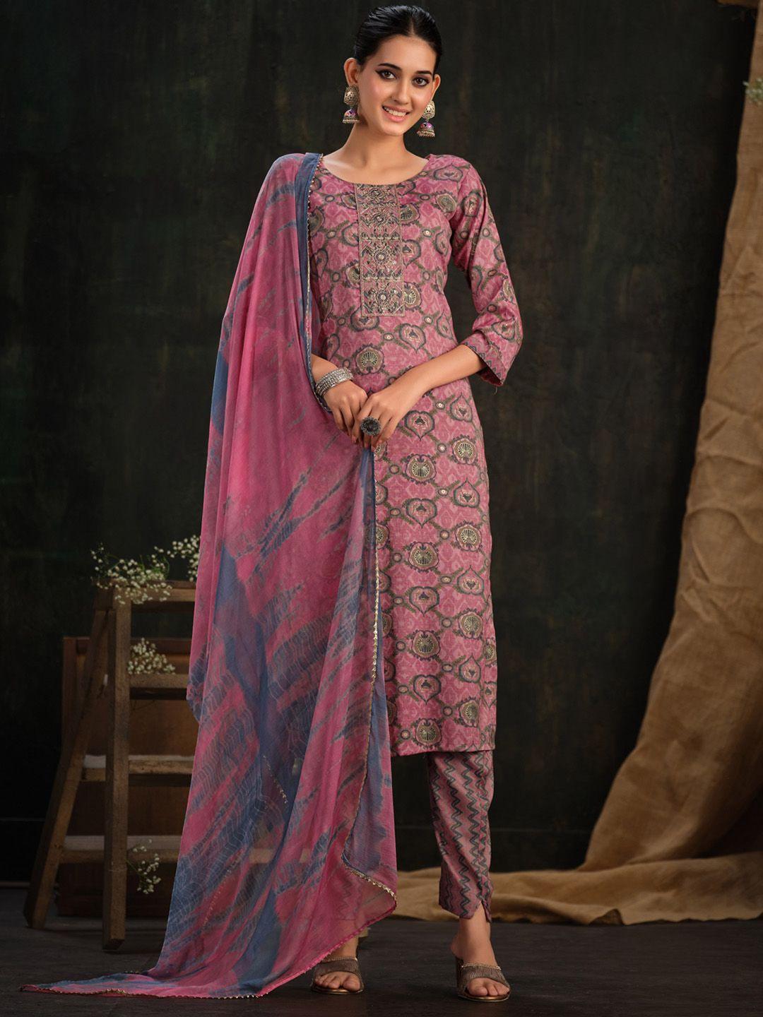 sangria pink yoke design embroidered sequinned straight kurta with trouser & dupatta