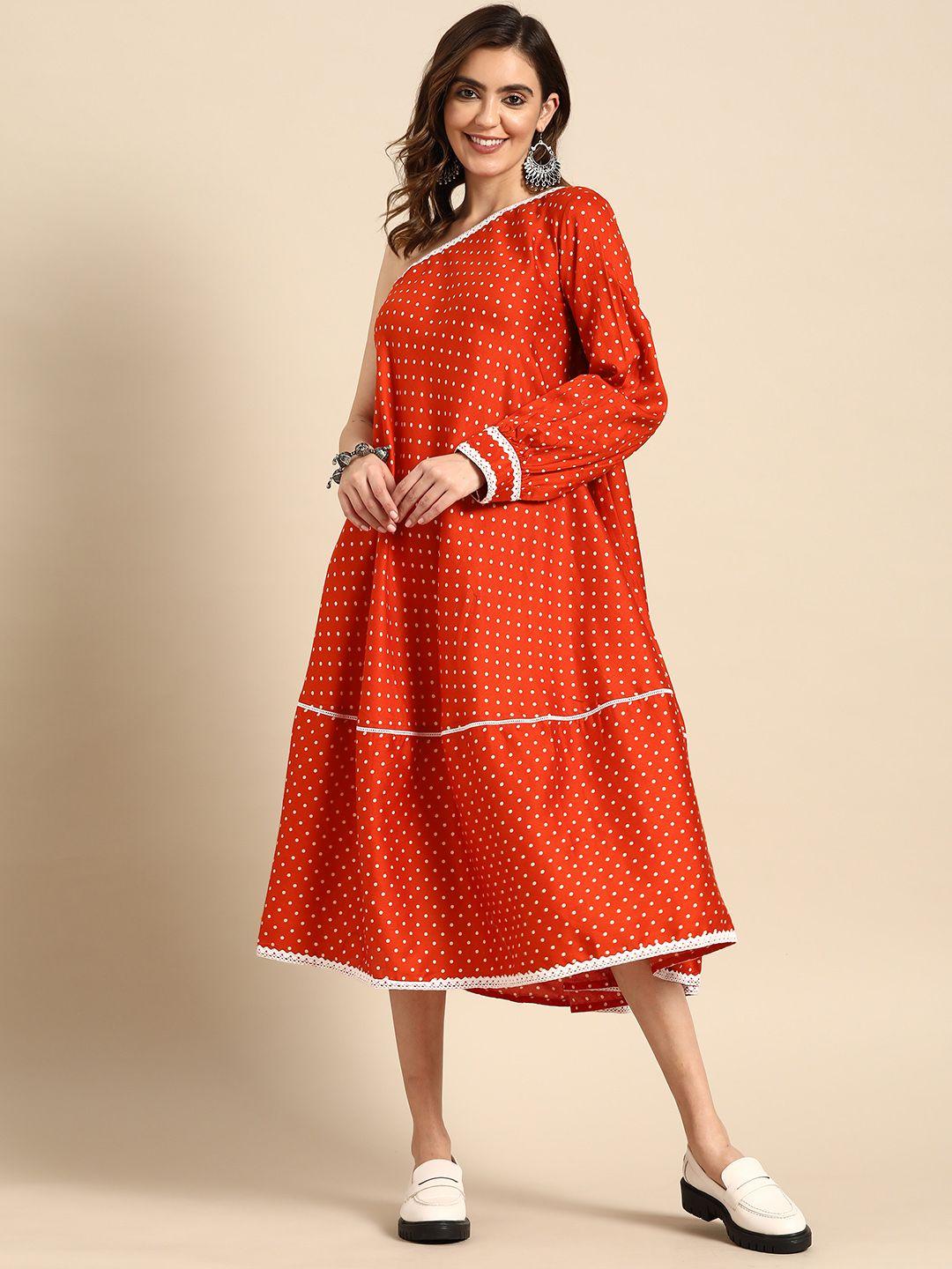 sangria polka dots one shoulder dress