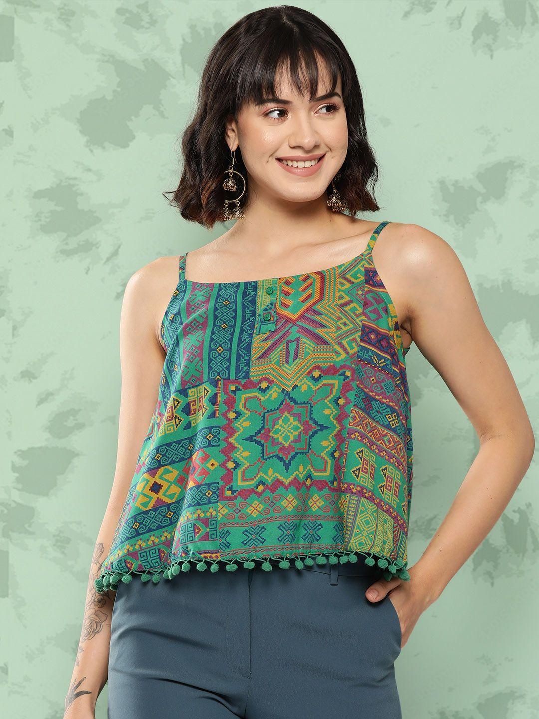 sangria pom-pom printed ethnic top