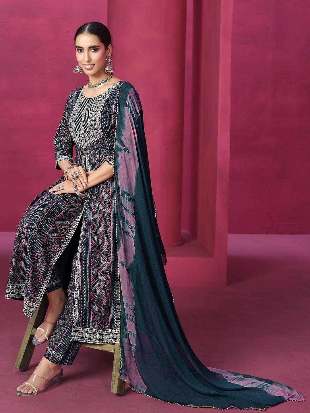 sangria printed & embroidered a-line kurta with trouser & dupatta set