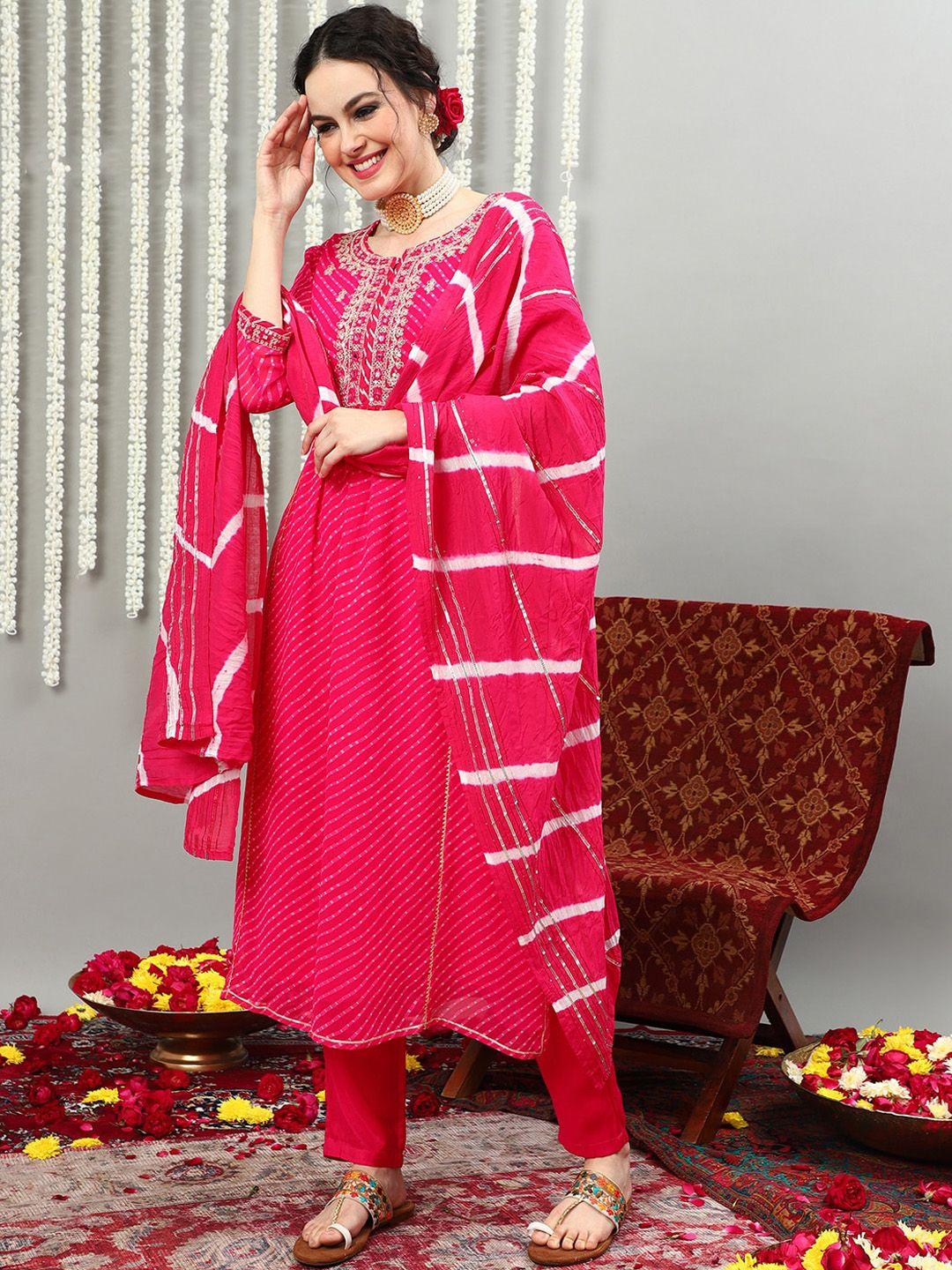 sangria printed & embroidered a-line kurta with trouser & dupatta set