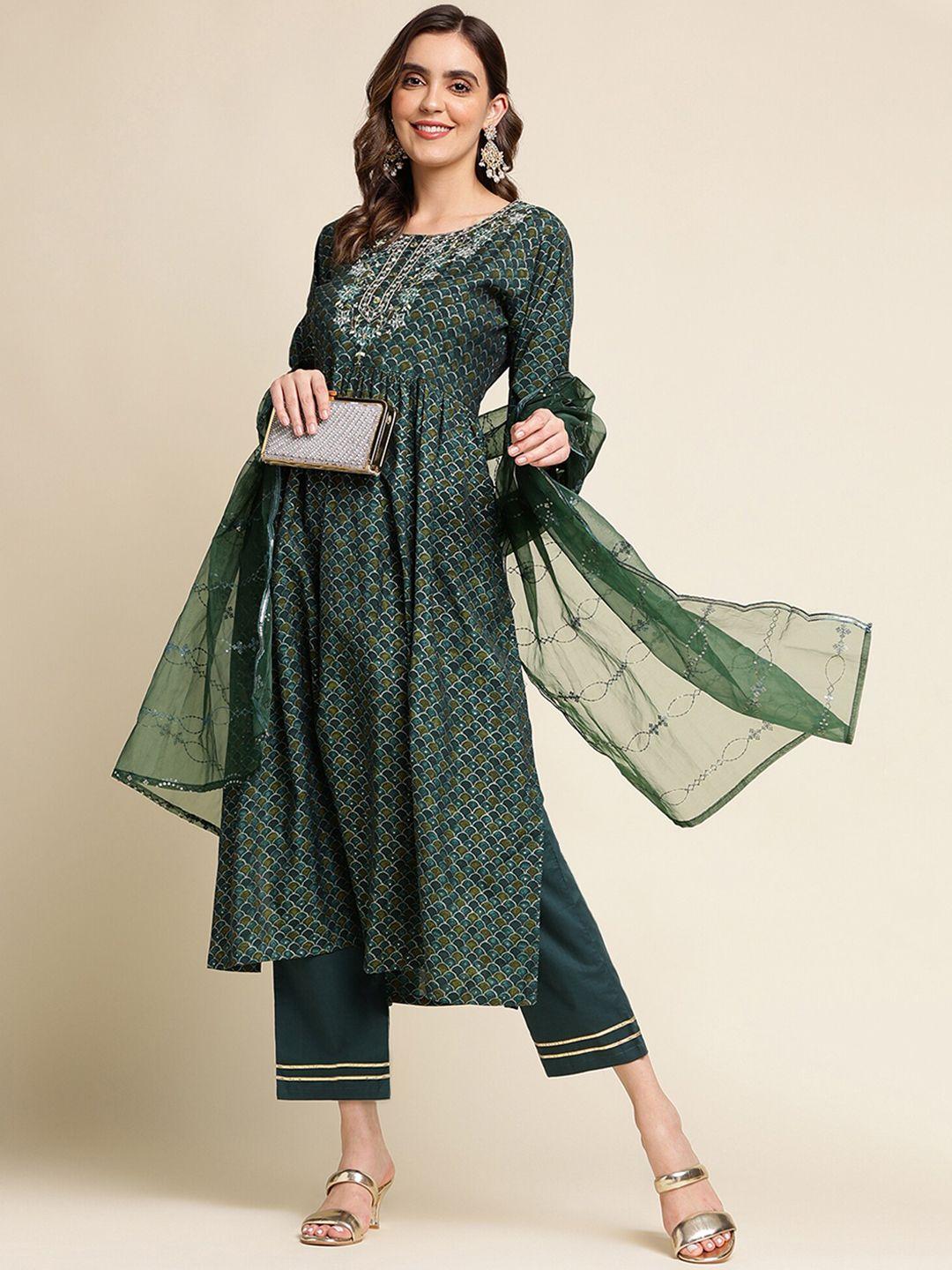 sangria printed & embroidered a-line kurta with trouser & dupatta