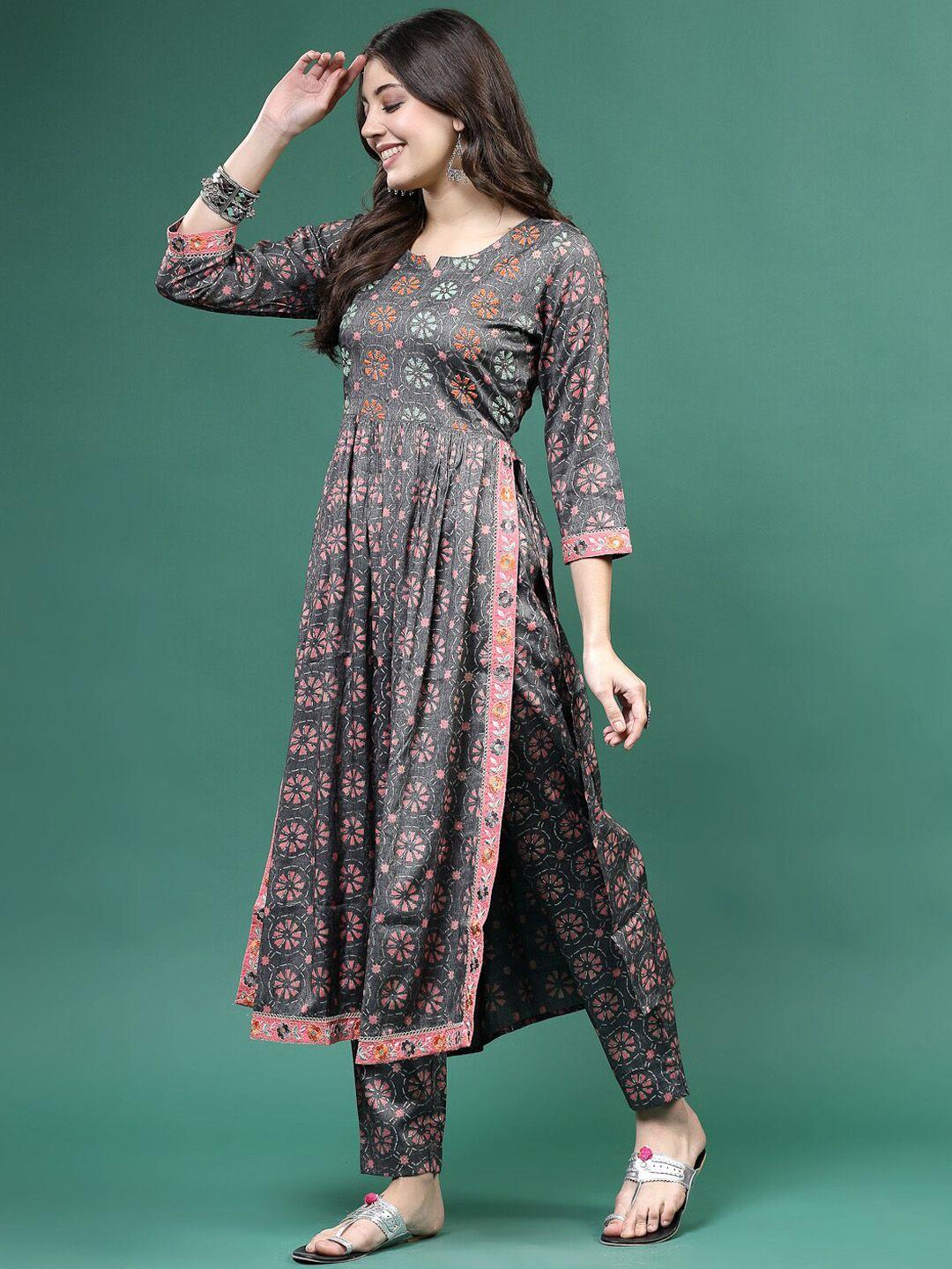 sangria printed & embroidered a-line kurta with trouser set