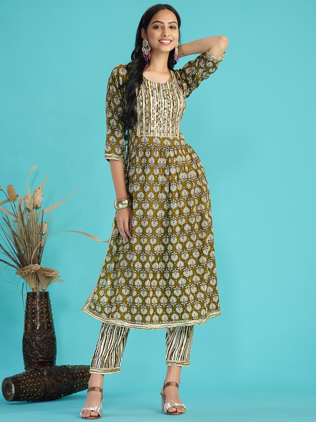sangria printed & embroidered a-line kurta with trouser