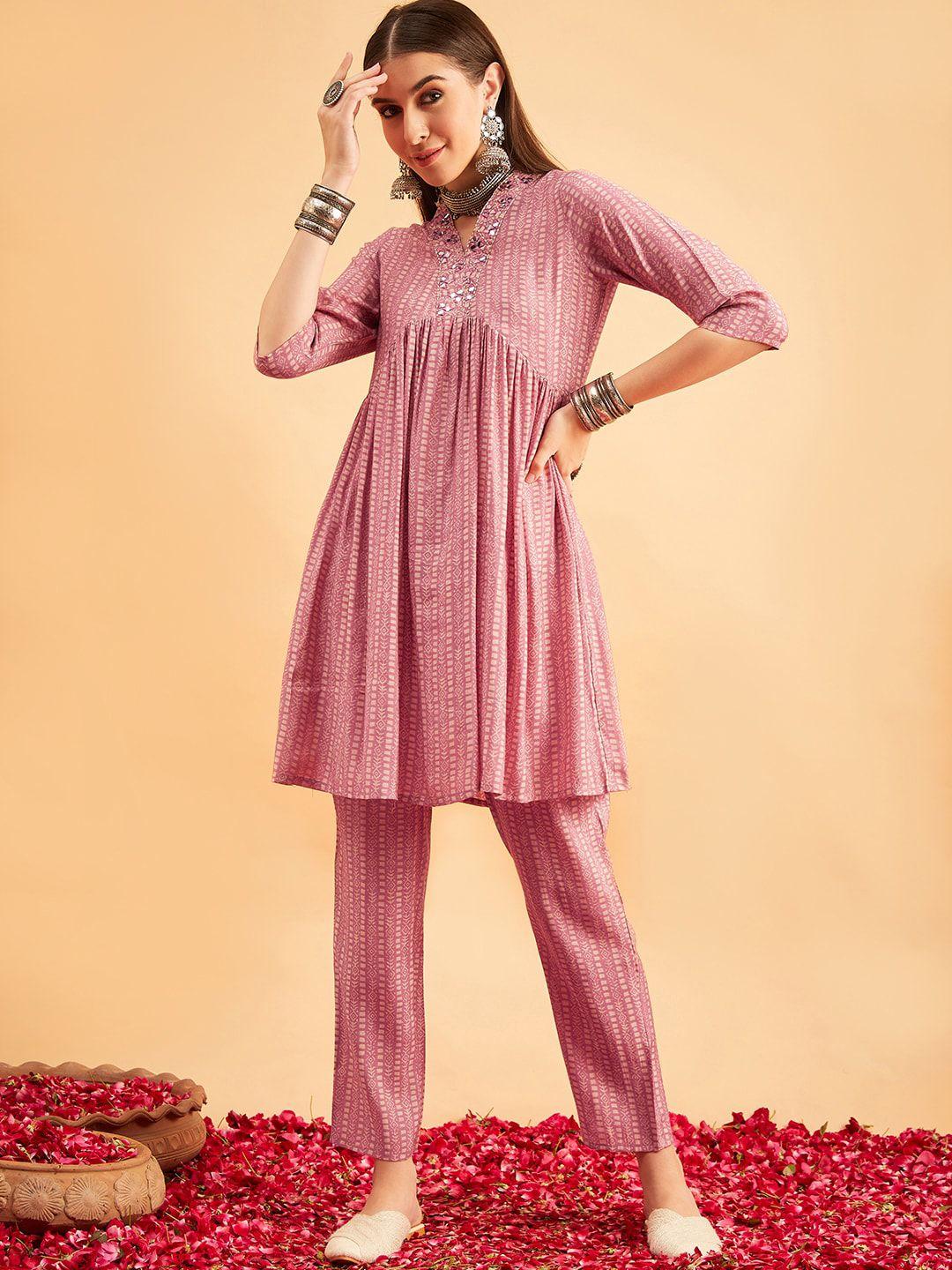 sangria printed & embroidered a-line kurta with trouser