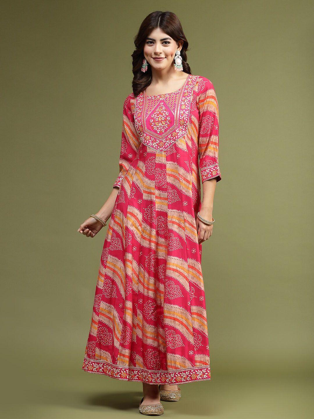 sangria printed & embroidered fit & flare ethnic dress