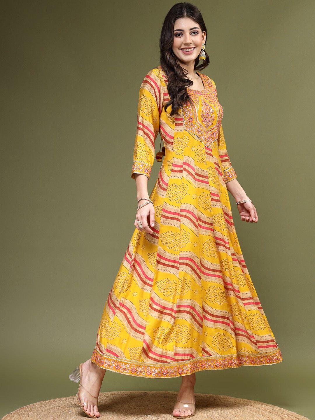 sangria printed & embroidered fit & flare ethnic dress