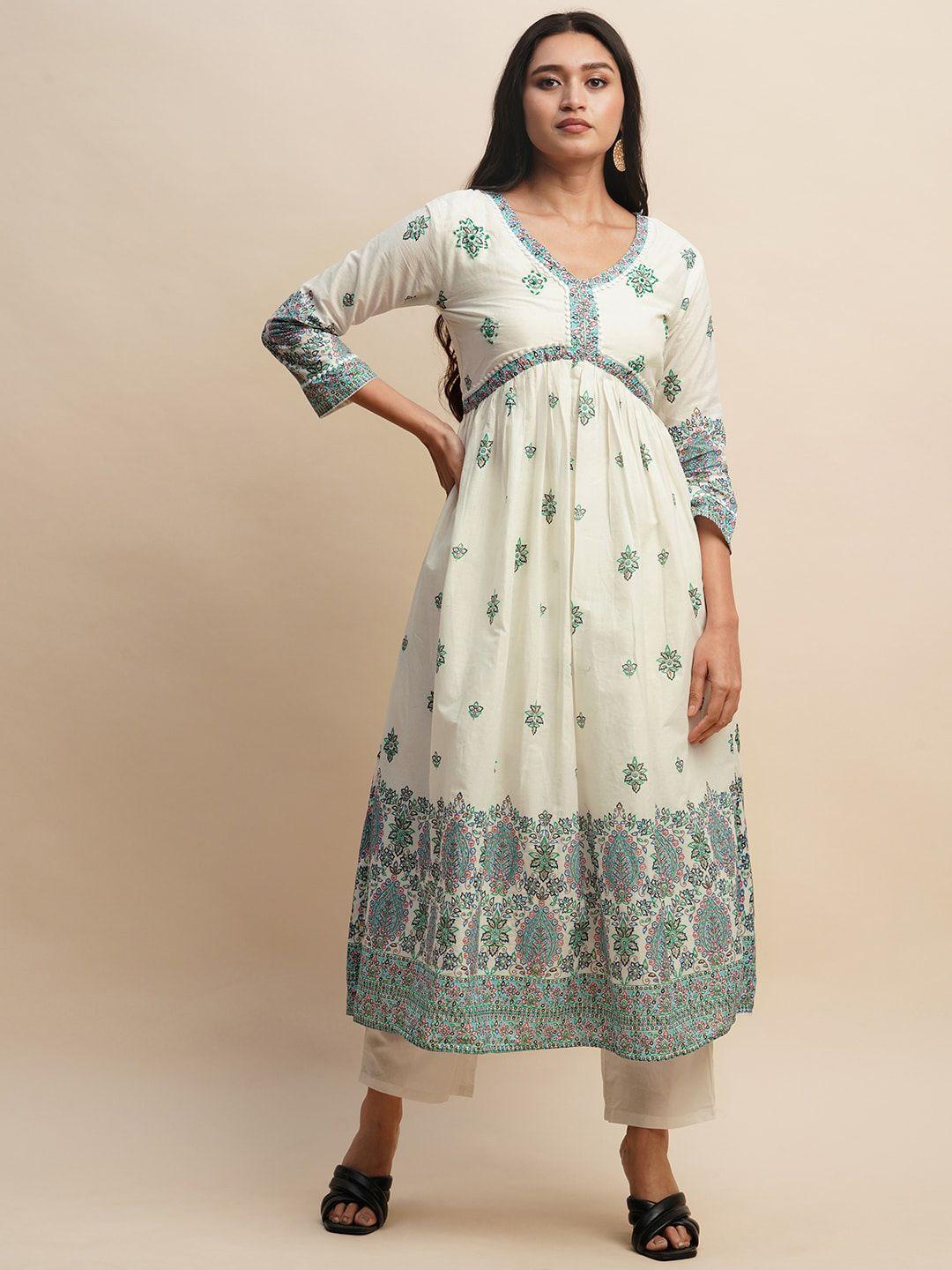 sangria printed & embroidered pure cotton a-line kurta with trouser & dupatta set