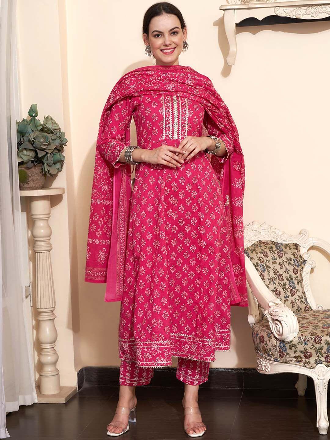 sangria printed & embroidered pure cotton a-line kurta with trouser & dupatta