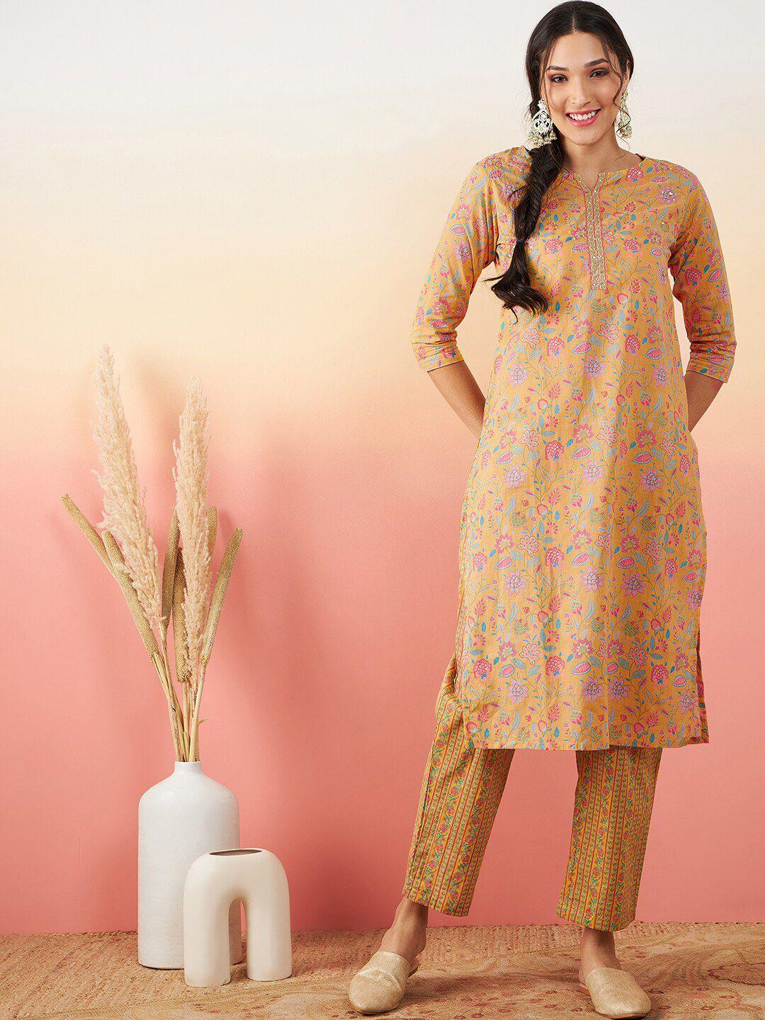 sangria printed & embroidered pure cotton straight kurta with trouser set