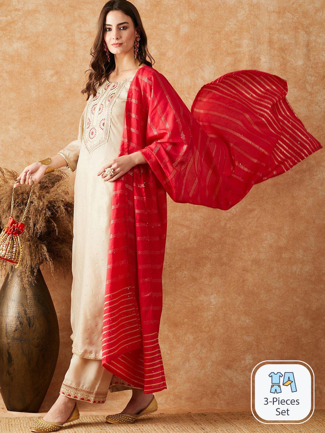 sangria printed & embroidered straight kurta with palazzo & dupatta set