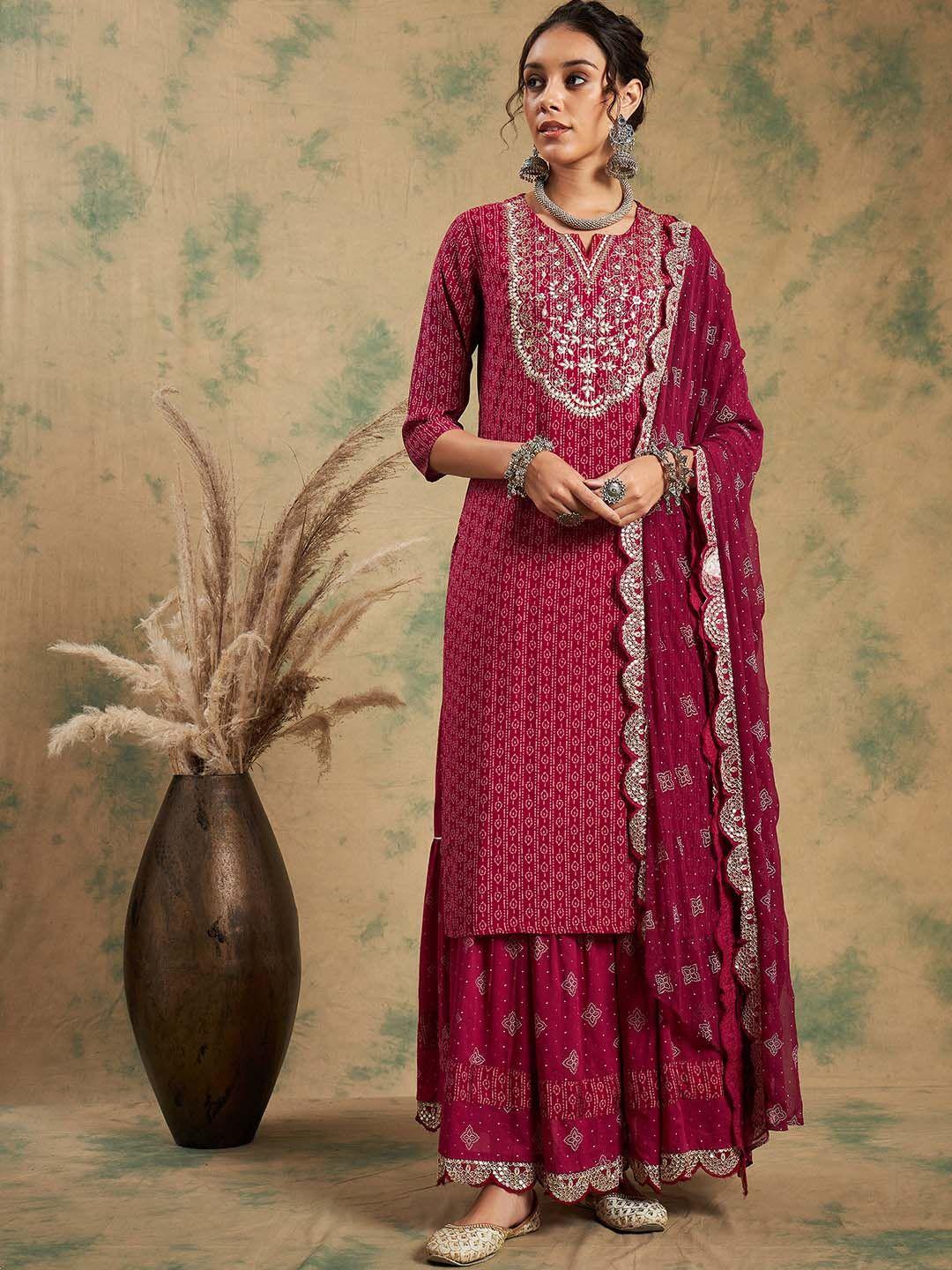 sangria printed & embroidered straight kurta with skirt & dupatta set