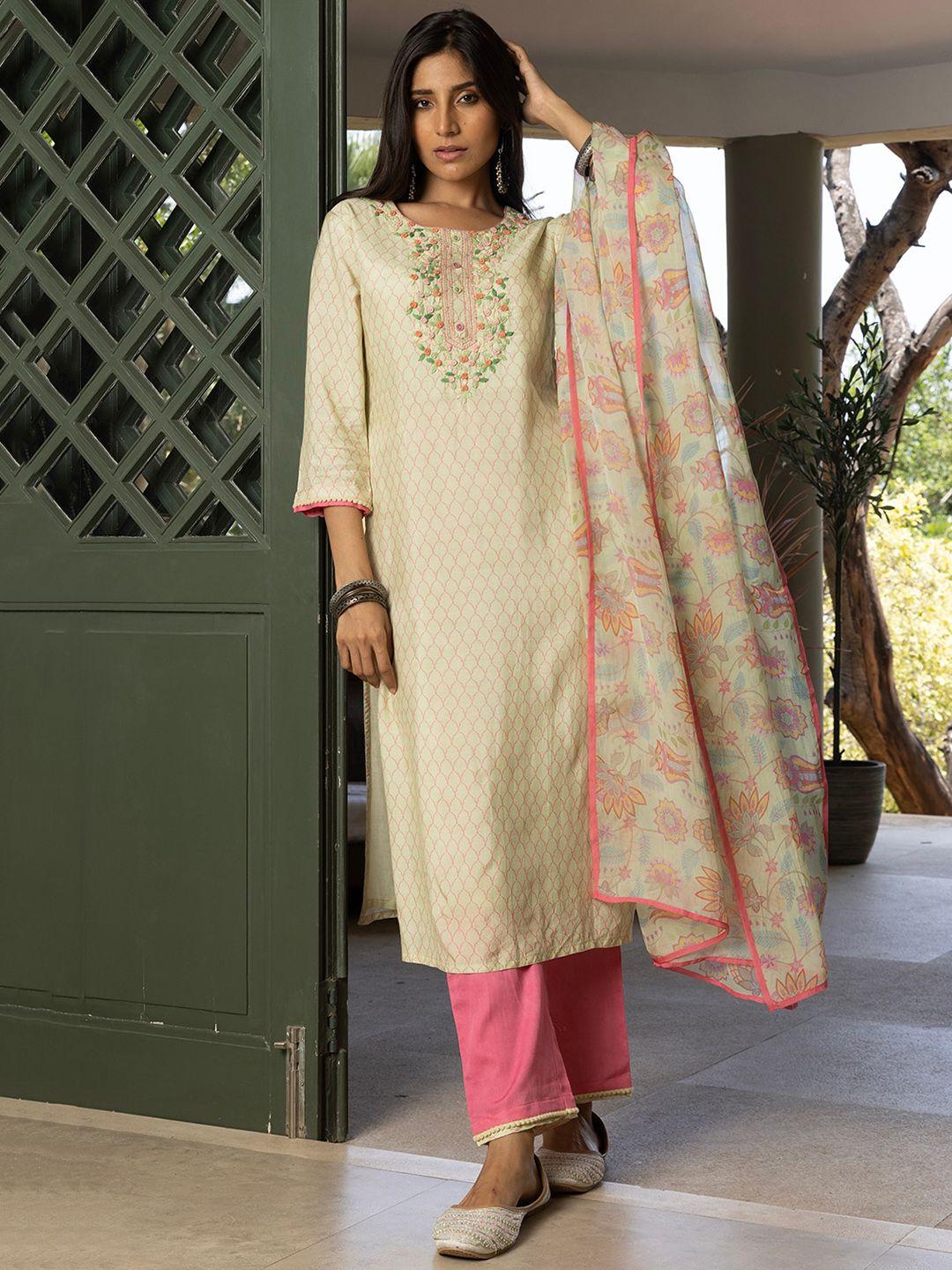 sangria printed & embroidered straight kurta with trouser & dupatta set