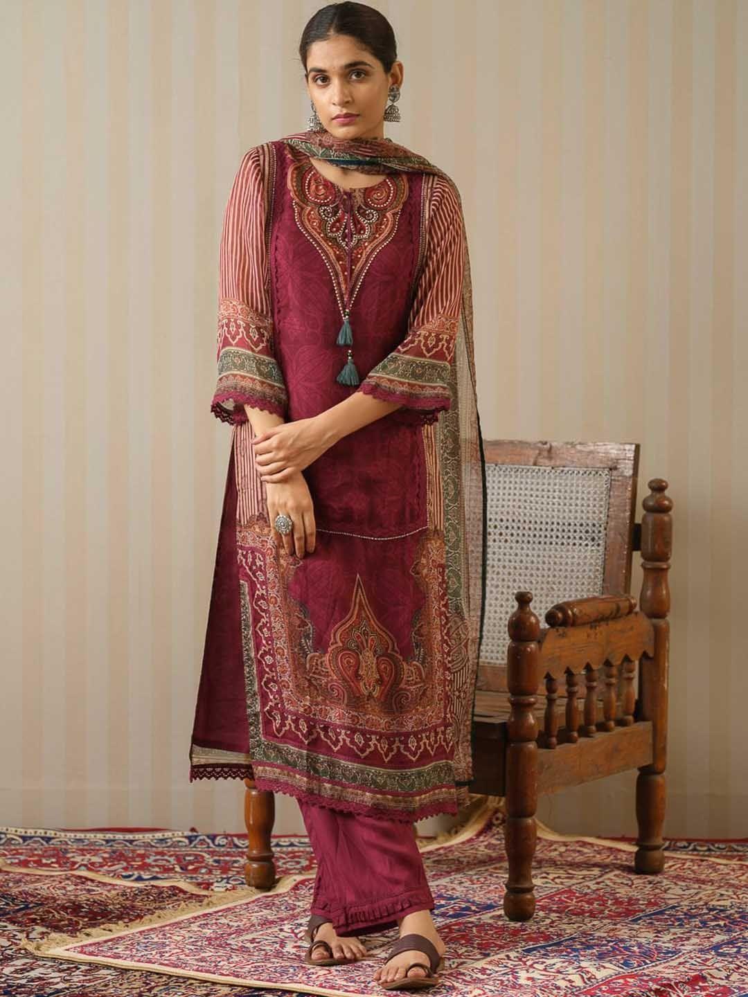 sangria printed & embroidered straight kurta with trouser & dupatta