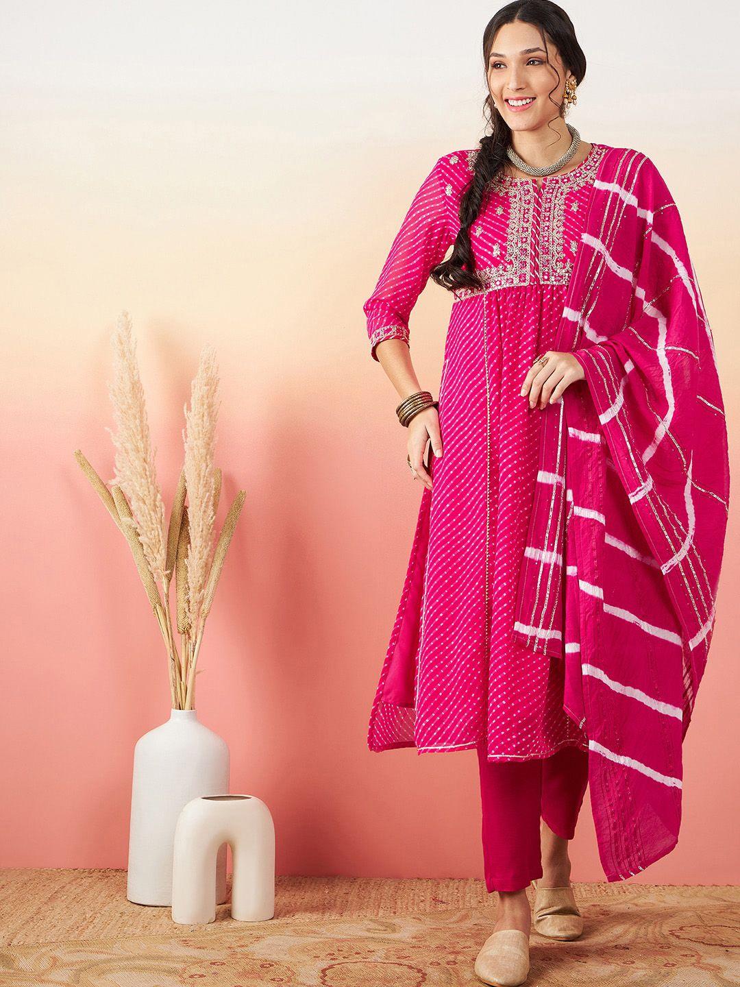 sangria printed & embroidery a-line kurta with trouser & dupatta set