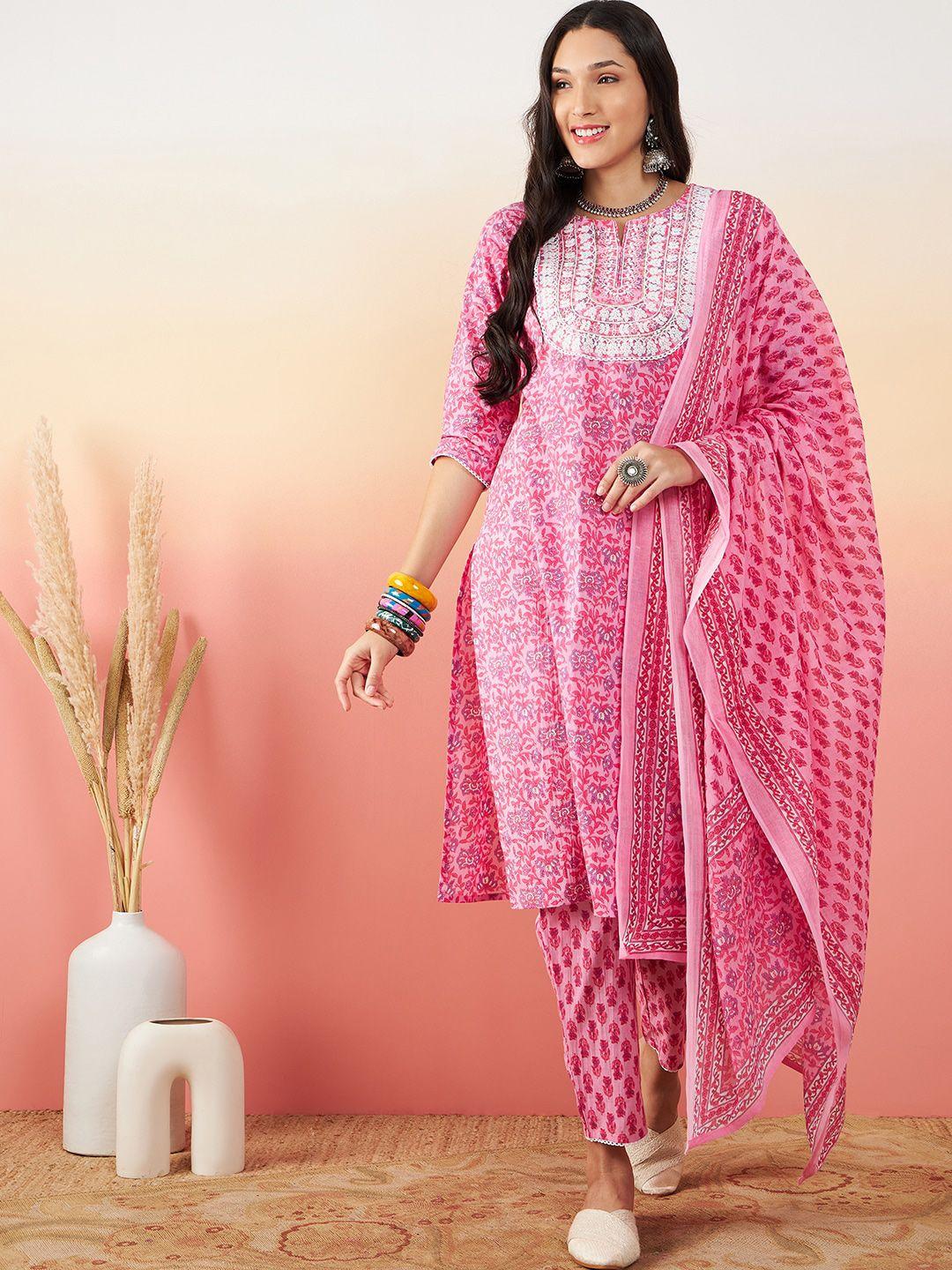 sangria printed & embroidery pure cotton straight kurta with trouser & dupatta set