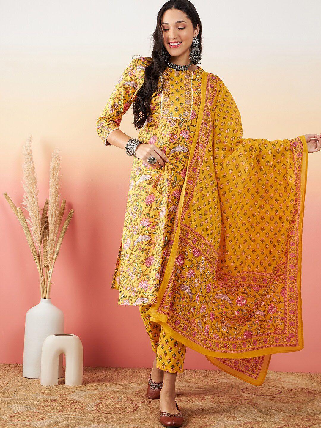 sangria printed & embroidery pure cotton straight kurta with trouser & dupatta set