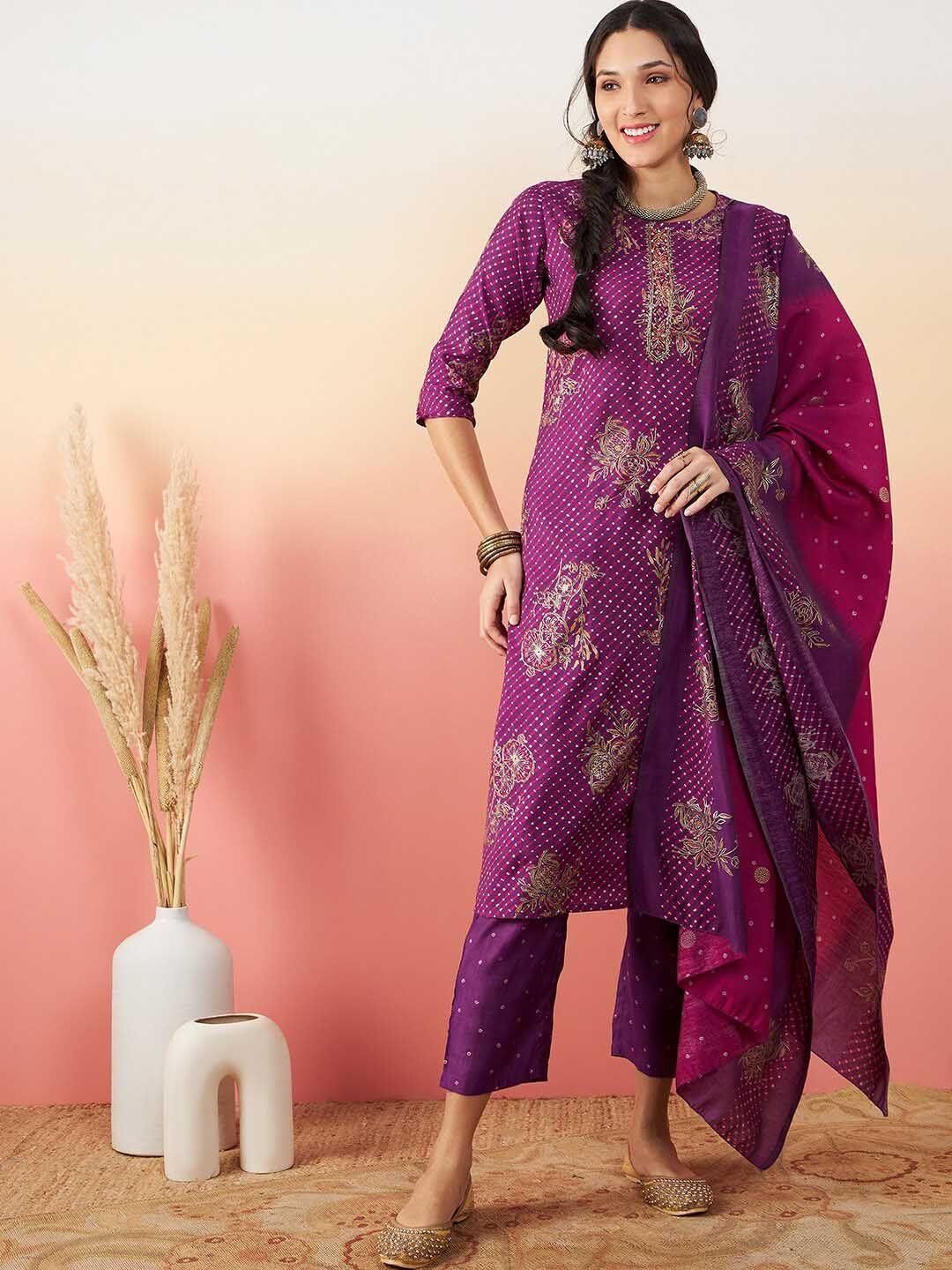 sangria printed & embroidery pure silk straight kurta with trouser & dupatta set