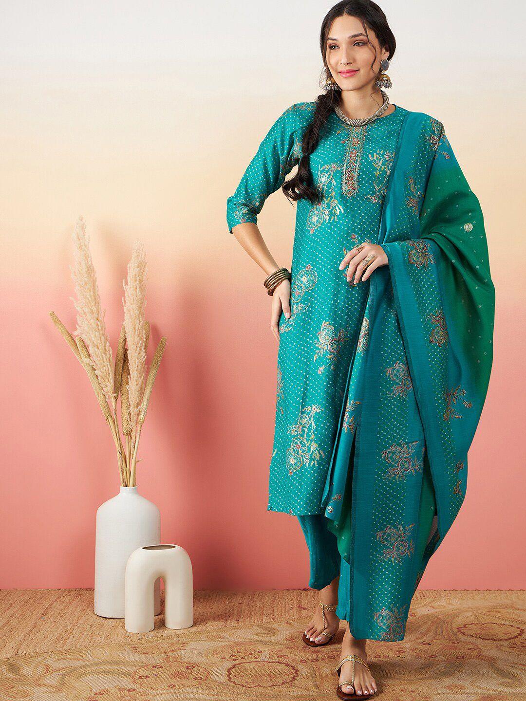 sangria printed & embroidery pure silk straight kurta with trouser & dupatta set