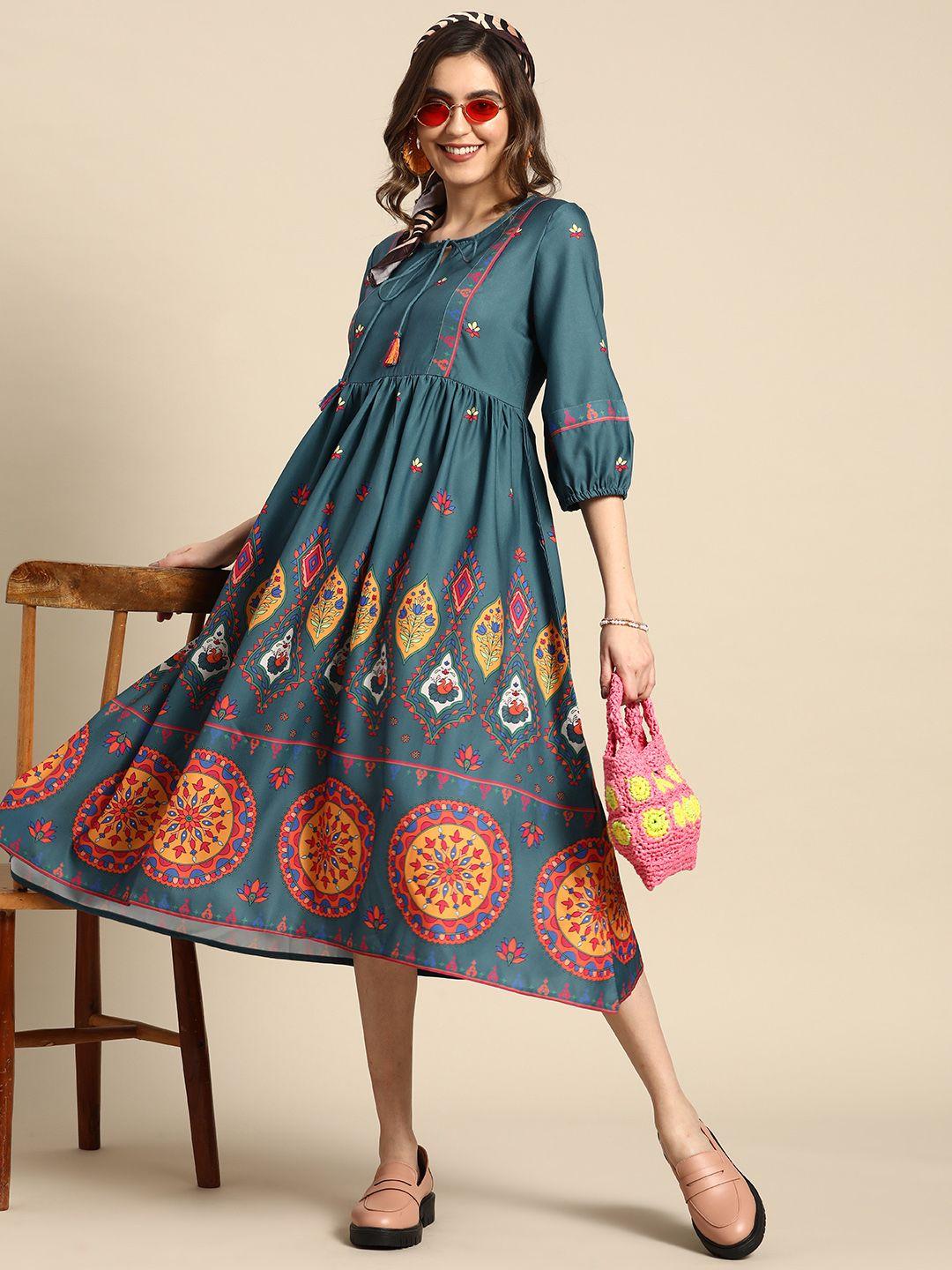 sangria printed a-line ethnic midi dress