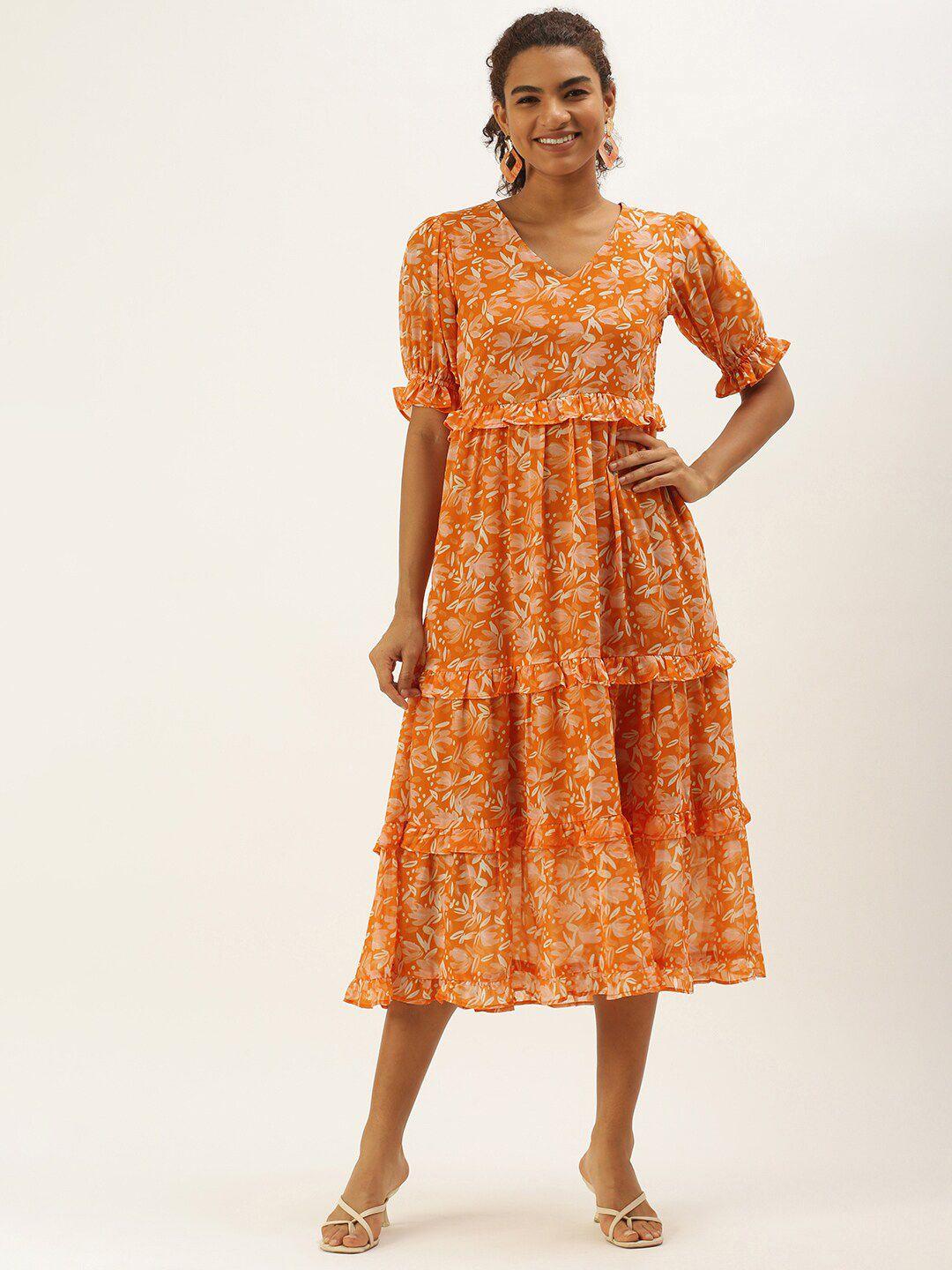 sangria printed a-line shaped dress with frill details