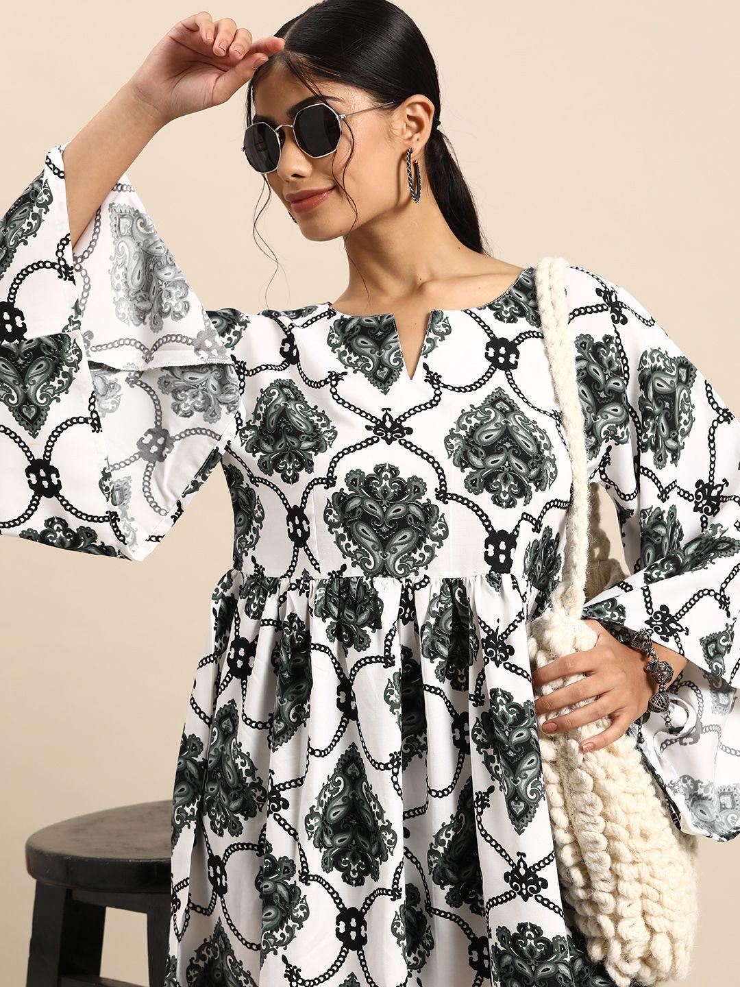 sangria printed flared sleeves a-line pleated dress