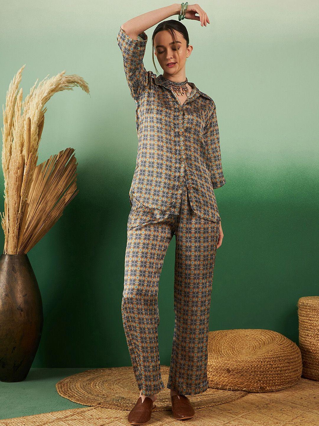 sangria printed mid-rise shirt with trousers co-ords