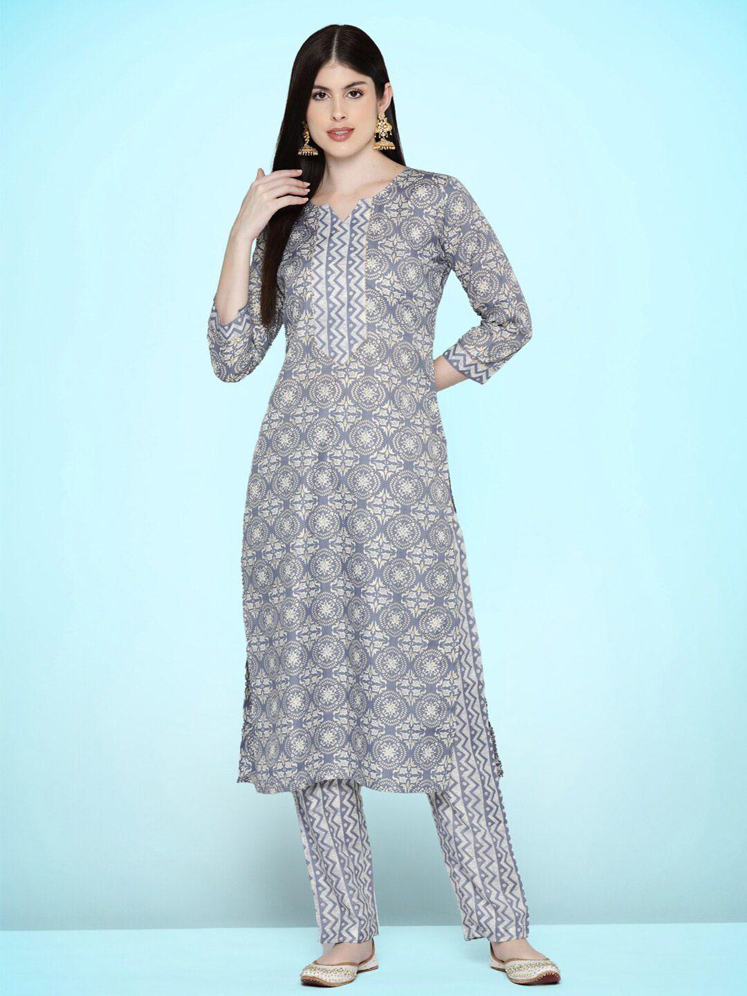 sangria printed notch neck kurta with trousers sets