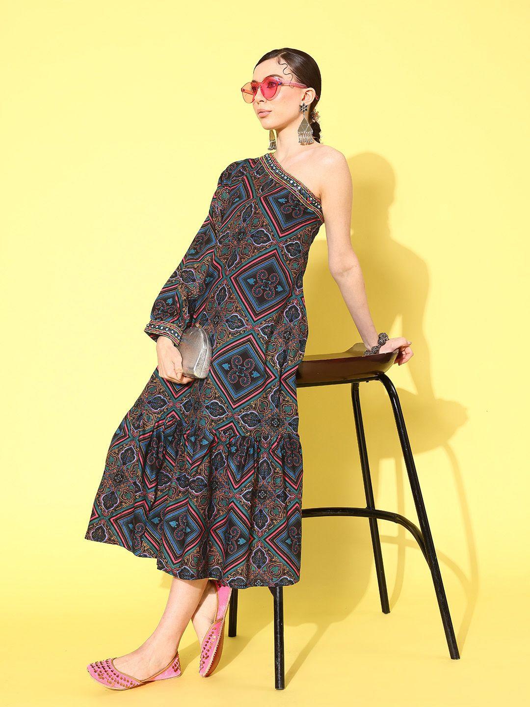sangria printed one-shoulder kaftan karishma fit & flare dress