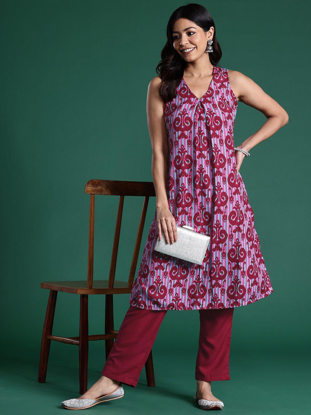 sangria printed pleated kurta with trousers