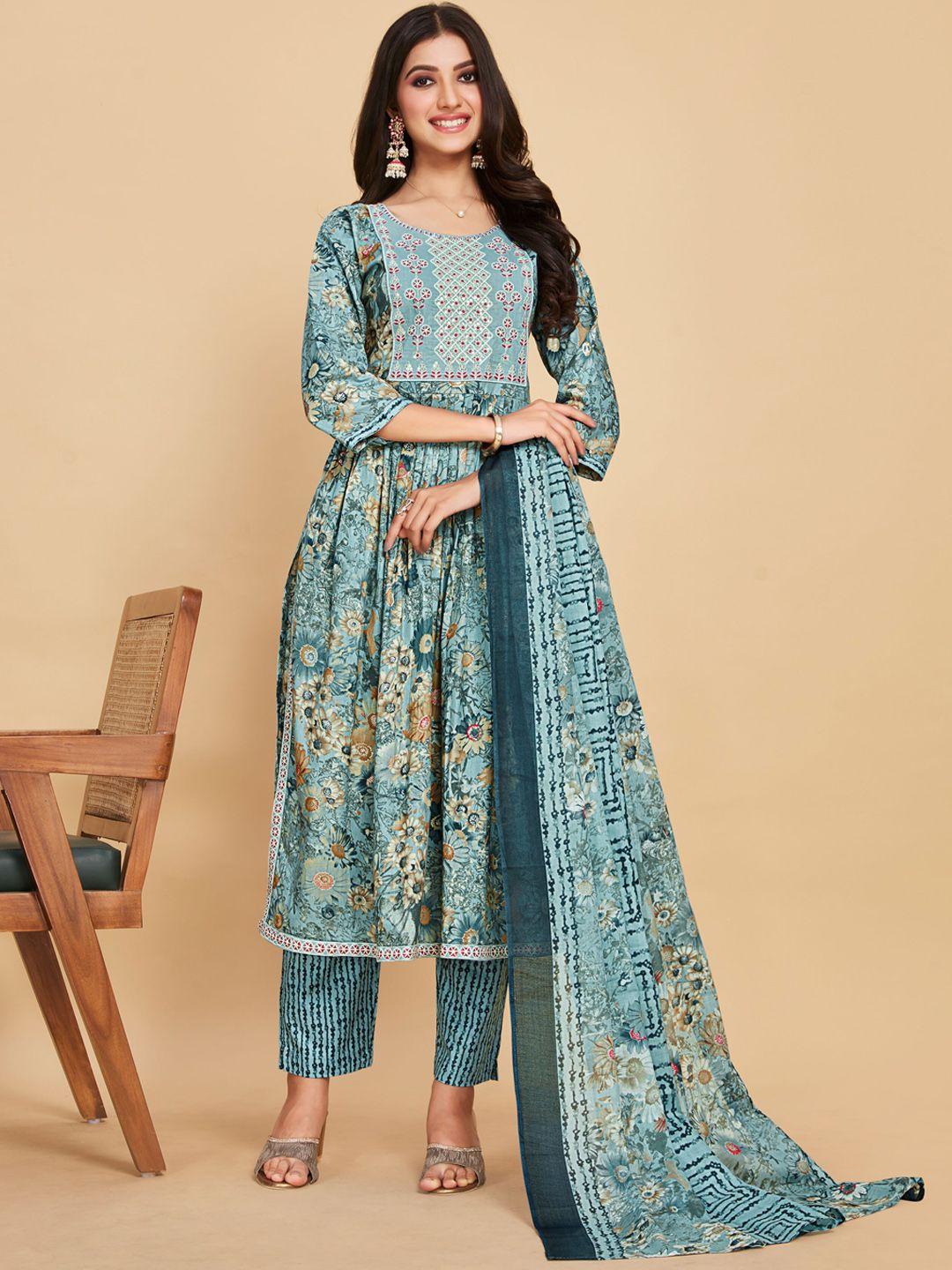 sangria printed pure-cotton a-line kurta with trouser & dupatta