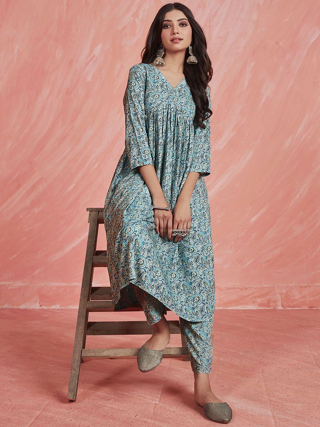 sangria printed pure cotton a-line kurta with trousers