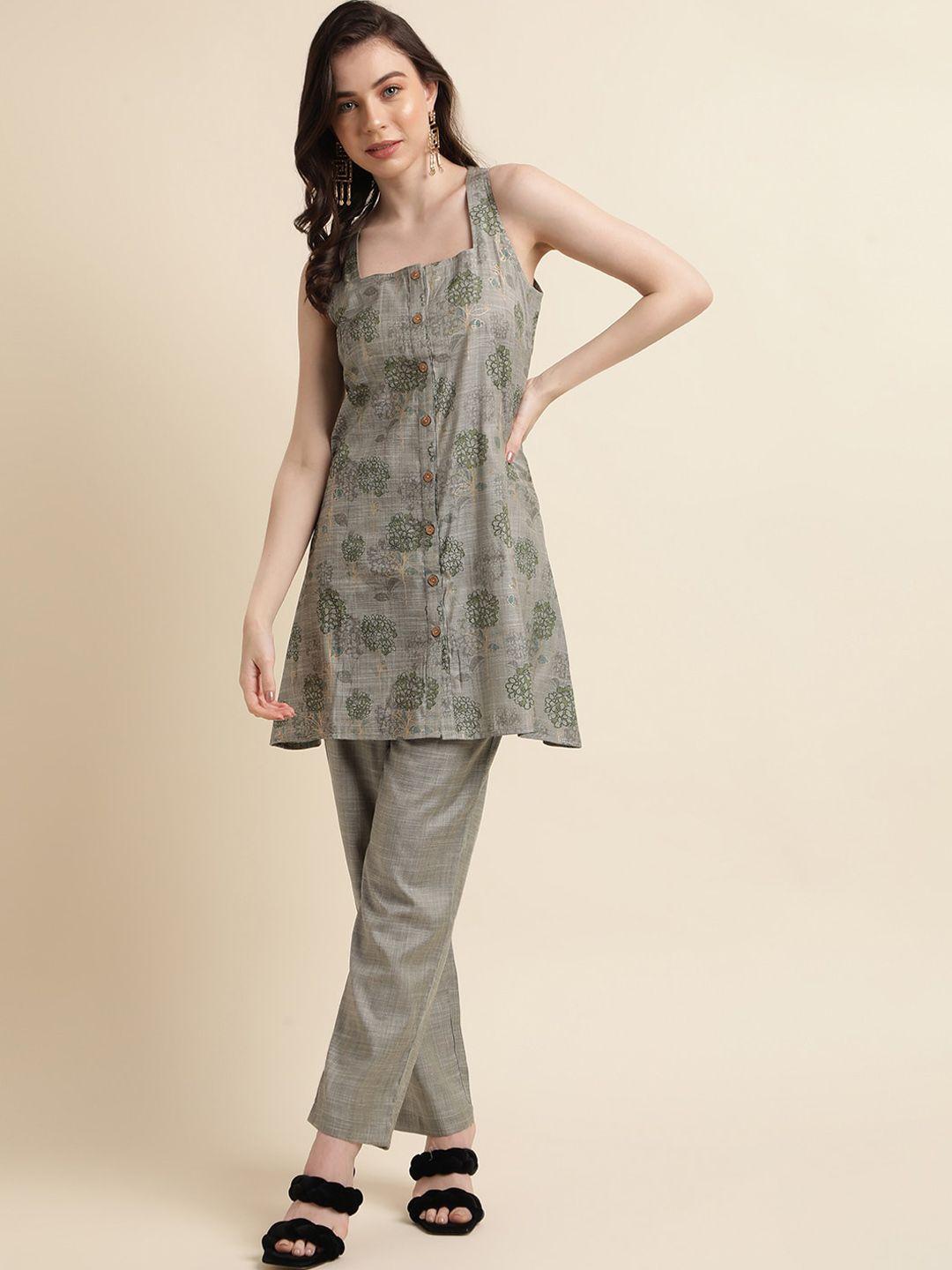 sangria printed pure cotton a-line kurti with trousers