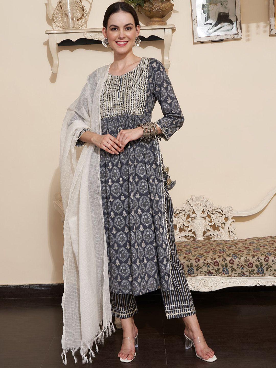 sangria printed pure cotton kurta with trouser & dupatta