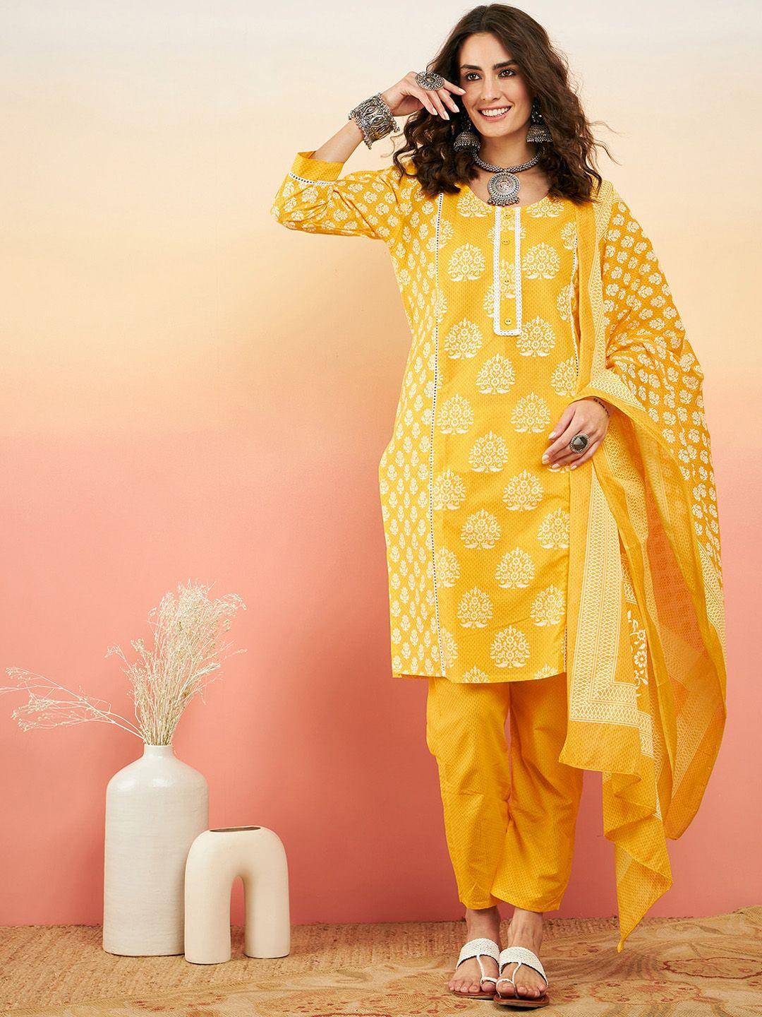 sangria printed pure cotton straight kurta with trouser & dupatta set